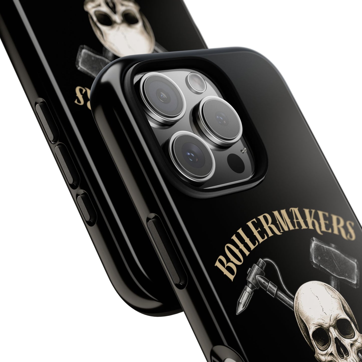 Boilermakers Don’t Care Tough Case — skull-and-hammer design, full-wrap protection built for the hard hands who keep the world running.