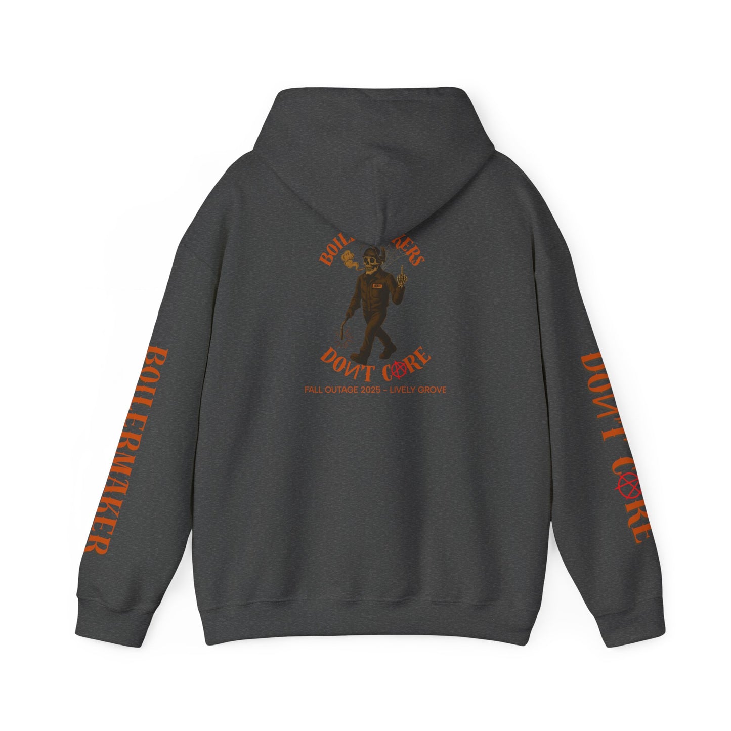 Skeleton “Don’t Care” Hoodie — Lively Grove Edition. Featuring a full-back skeleton design, Boilermaker and Don’t Care sleeve prints, built for the Fall Outage 2025 crew.