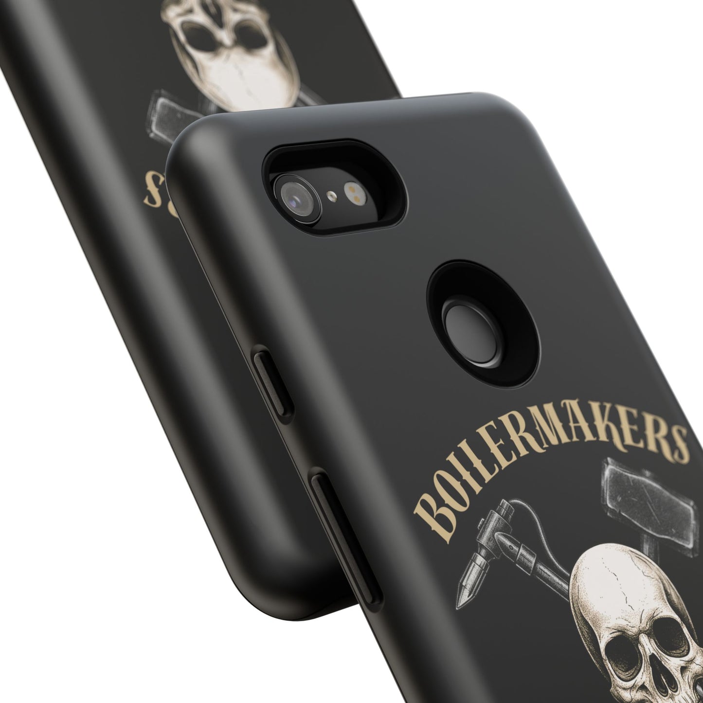 Boilermakers Don’t Care Tough Case — skull-and-hammer design, full-wrap protection built for the hard hands who keep the world running.