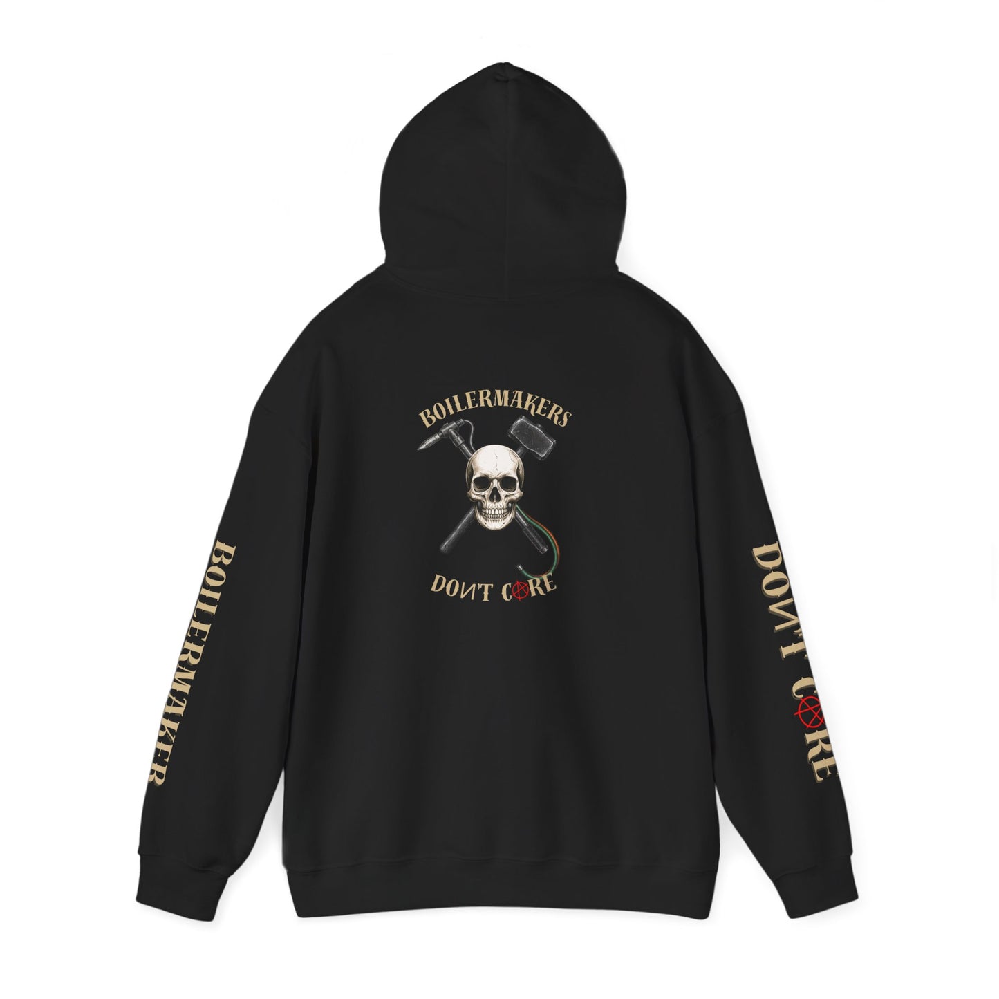 Skull “Boilermakers Don’t Care” Hoodie — full-back skull and hammer design, bold sleeve prints on both arms. The original Renn Don’t Care classic.