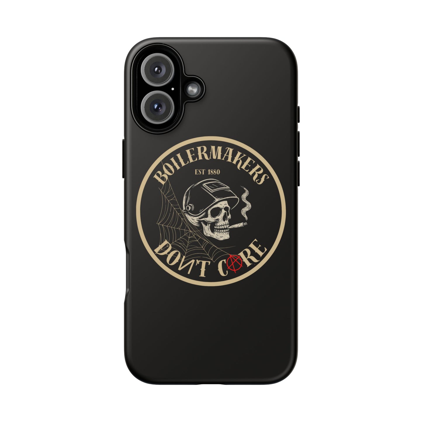 Boilermakers Don’t Care Phone Case — full-wrap skull design, drop-tested protection with attitude. Built tough for the hands that make the world work.