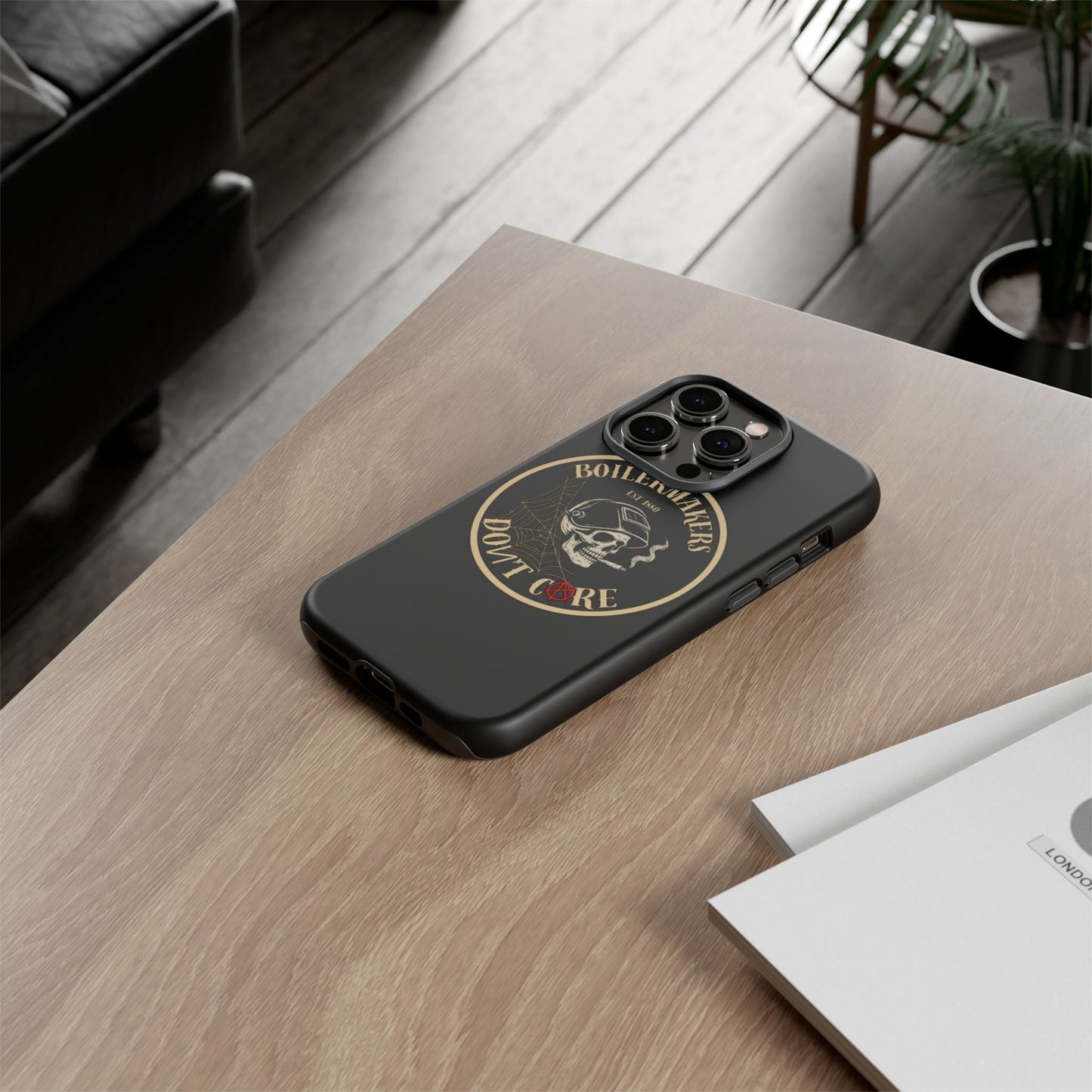 Boilermakers Don’t Care Phone Case — full-wrap skull design, drop-tested protection with attitude. Built tough for the hands that make the world work.