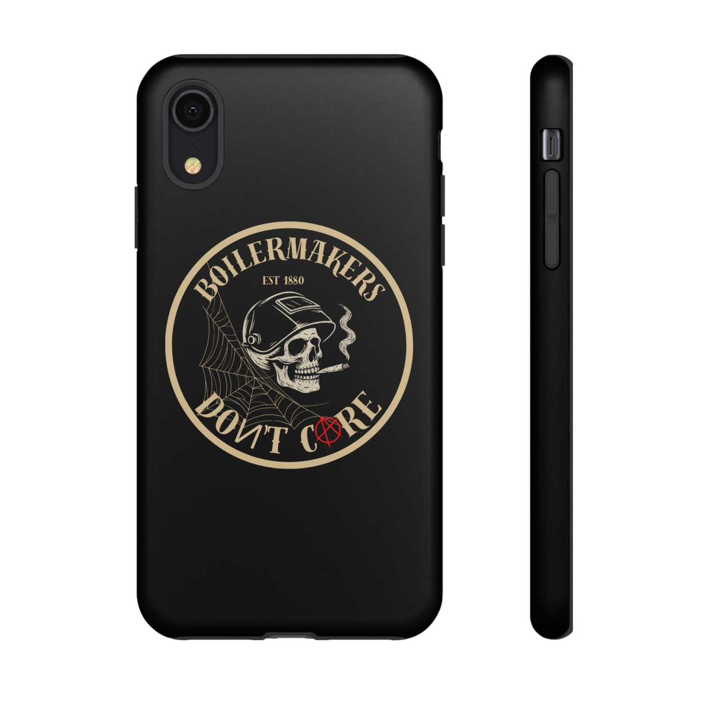 Boilermakers Don’t Care Phone Case — full-wrap skull design, drop-tested protection with attitude. Built tough for the hands that make the world work.
