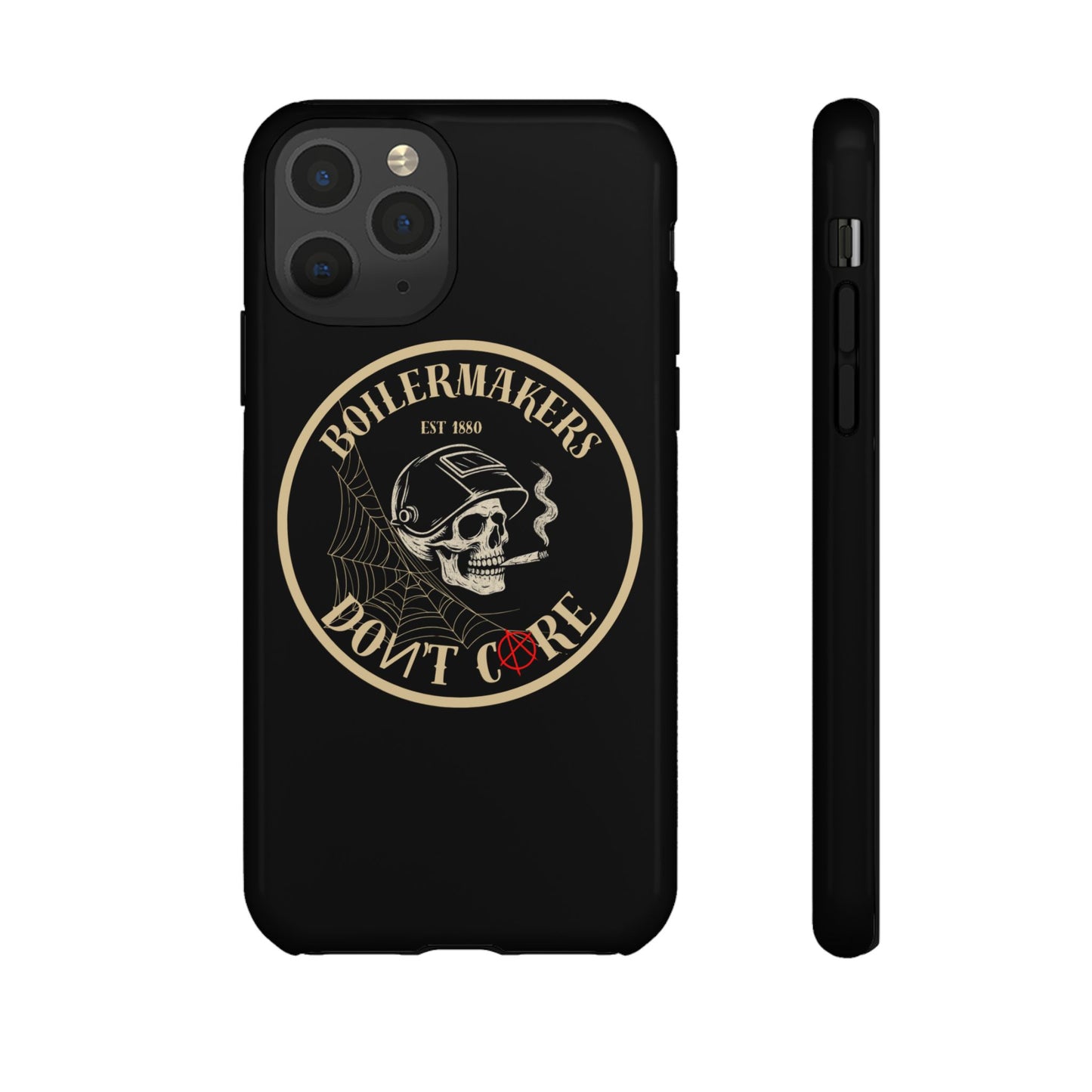 Boilermakers Don’t Care Phone Case — full-wrap skull design, drop-tested protection with attitude. Built tough for the hands that make the world work.