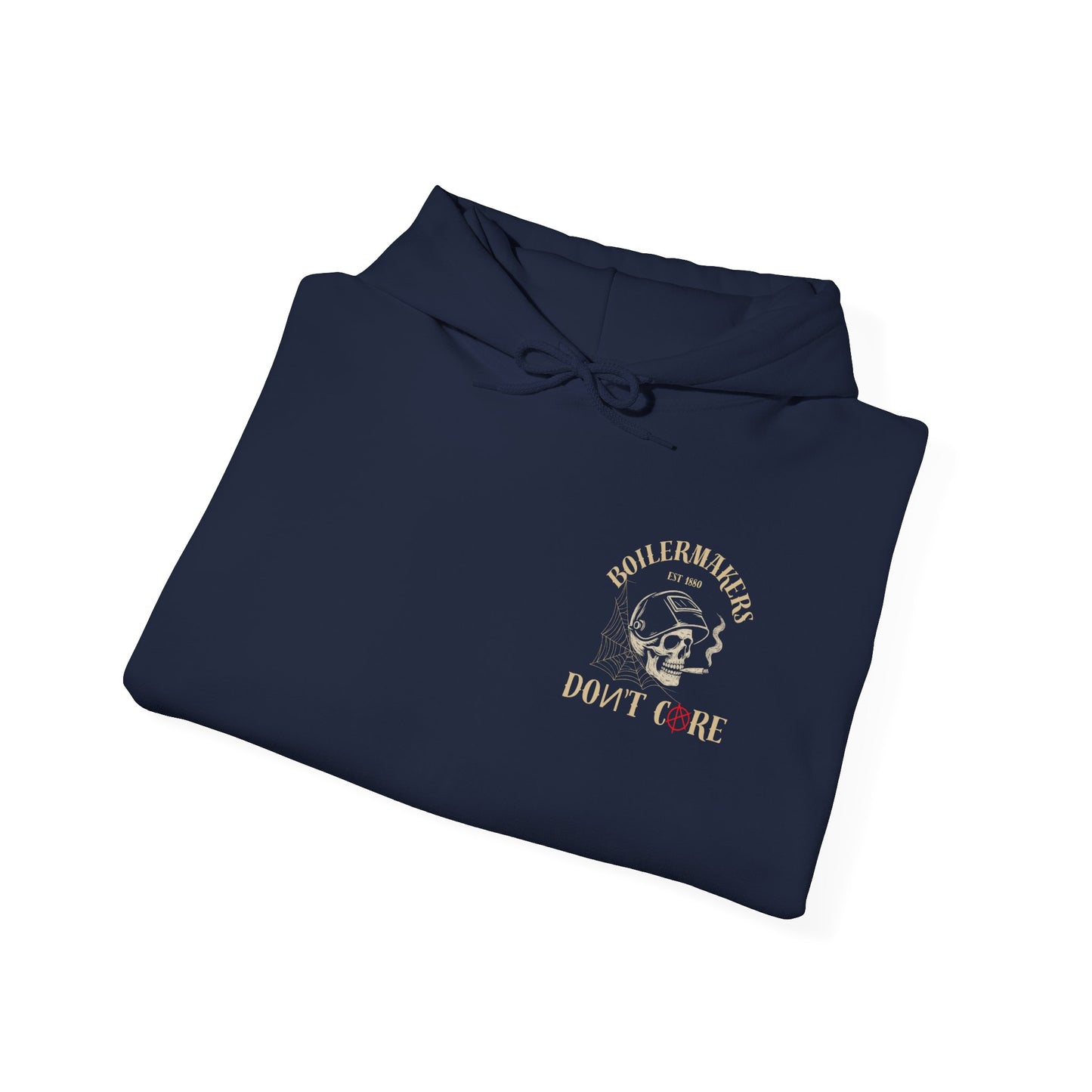 Skull “Boilermakers Don’t Care” Hoodie — full-back skull and hammer design, bold sleeve prints on both arms. The original Renn Don’t Care classic.