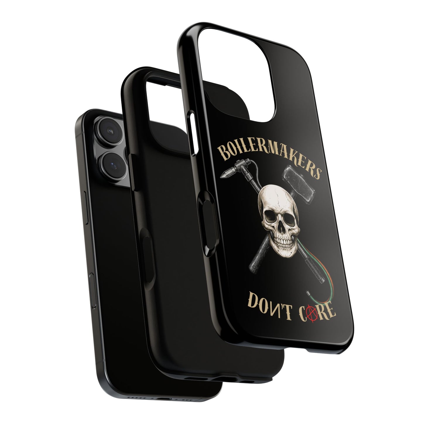 Boilermakers Don’t Care Tough Case — skull-and-hammer design, full-wrap protection built for the hard hands who keep the world running.