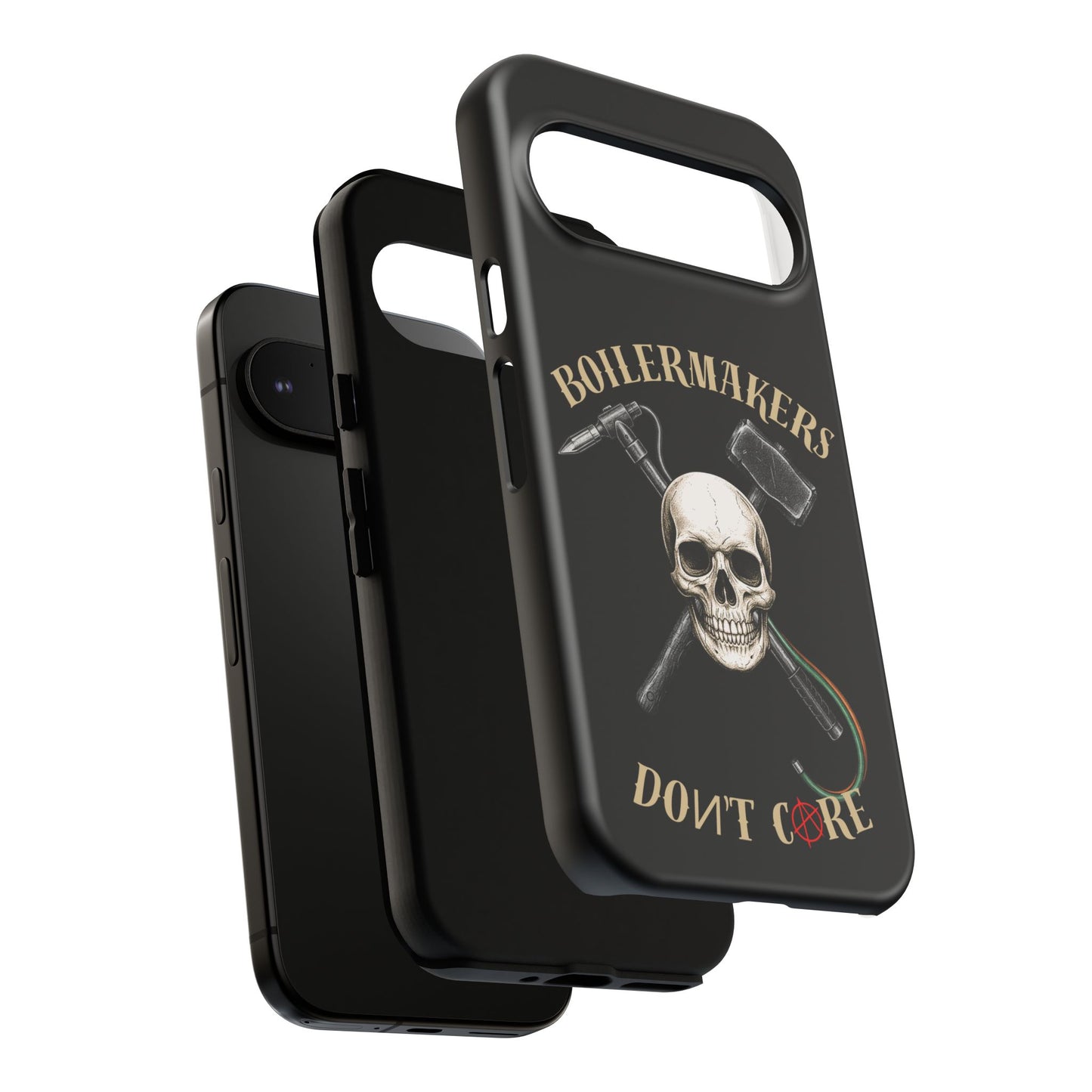 Boilermakers Don’t Care Tough Case — skull-and-hammer design, full-wrap protection built for the hard hands who keep the world running.