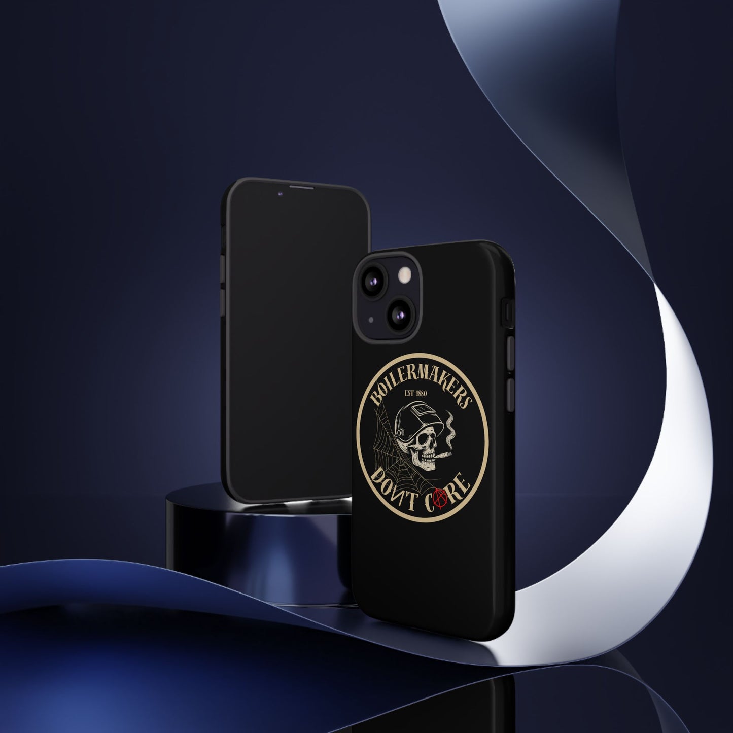 Boilermakers Don’t Care Phone Case — full-wrap skull design, drop-tested protection with attitude. Built tough for the hands that make the world work.