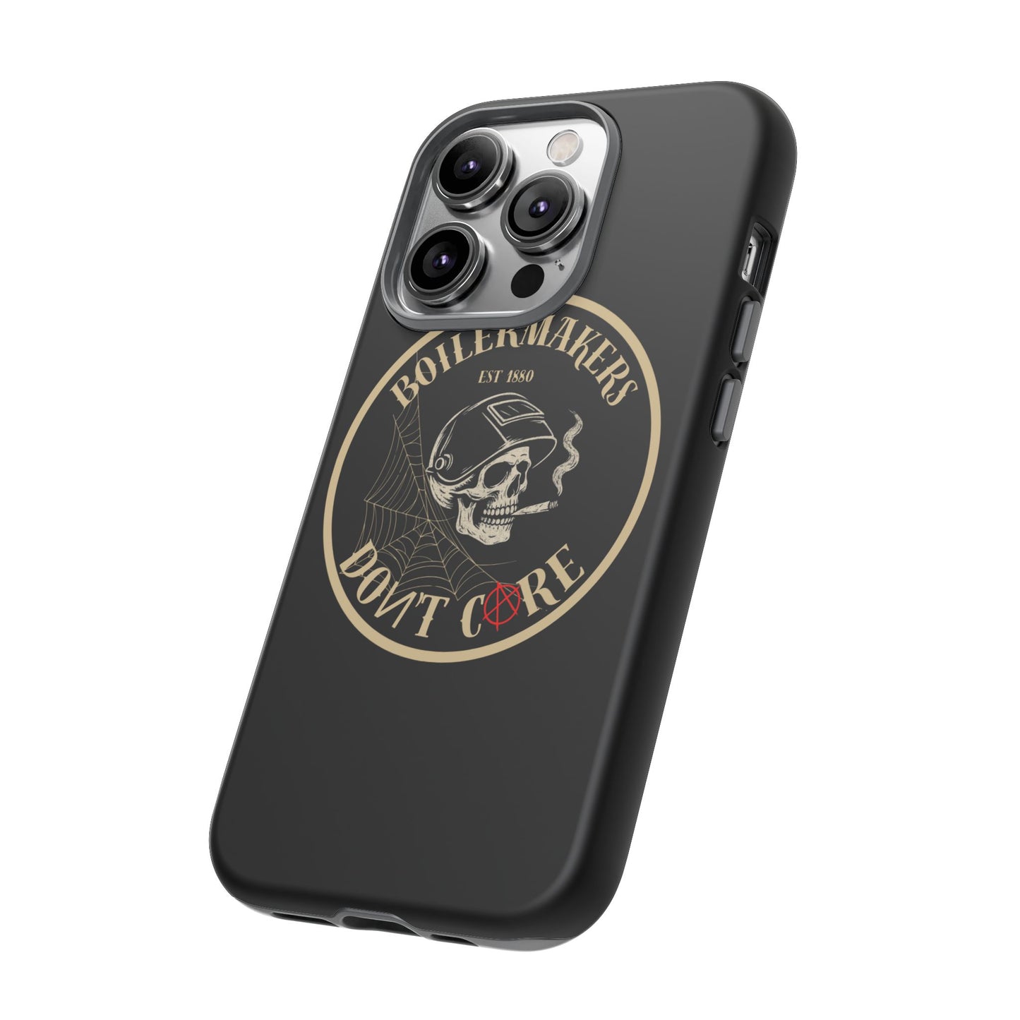 Boilermakers Don’t Care Phone Case — full-wrap skull design, drop-tested protection with attitude. Built tough for the hands that make the world work.
