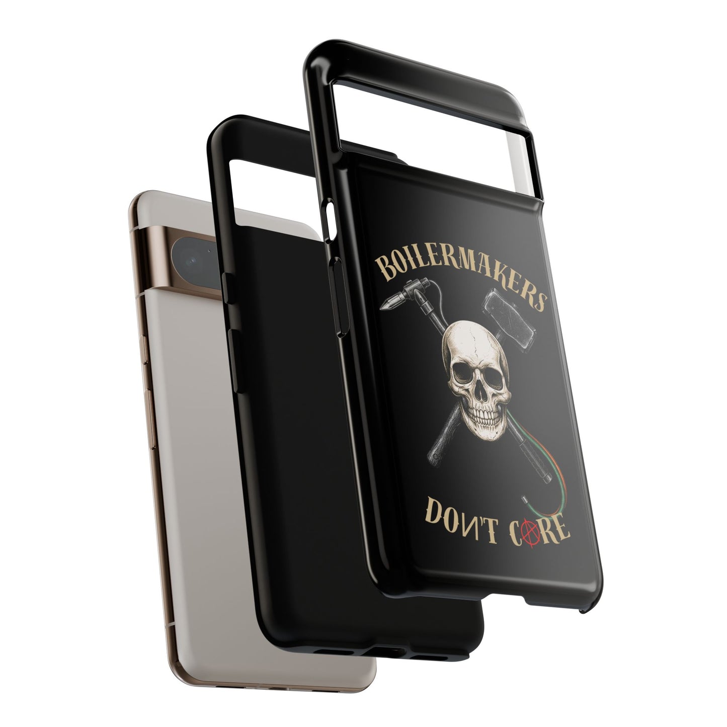 Boilermakers Don’t Care Tough Case — skull-and-hammer design, full-wrap protection built for the hard hands who keep the world running.