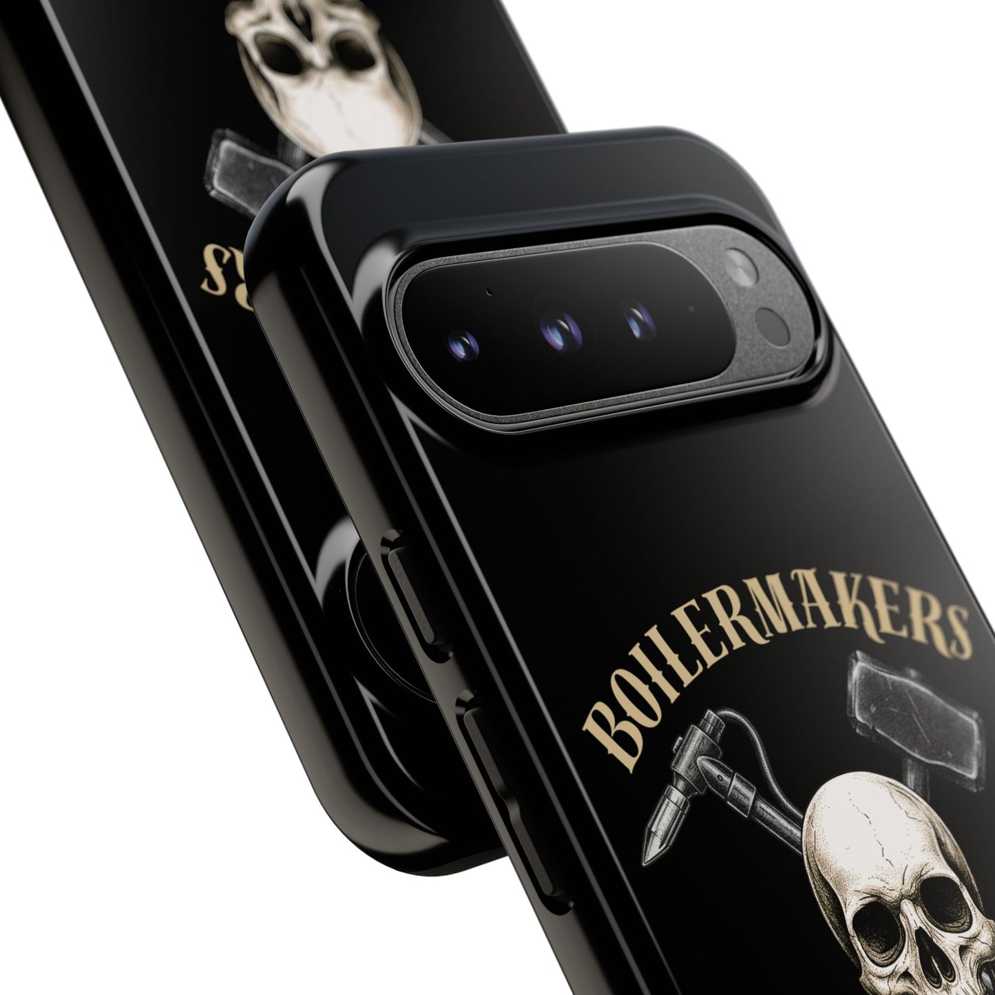 Boilermakers Don’t Care Tough Case — skull-and-hammer design, full-wrap protection built for the hard hands who keep the world running.