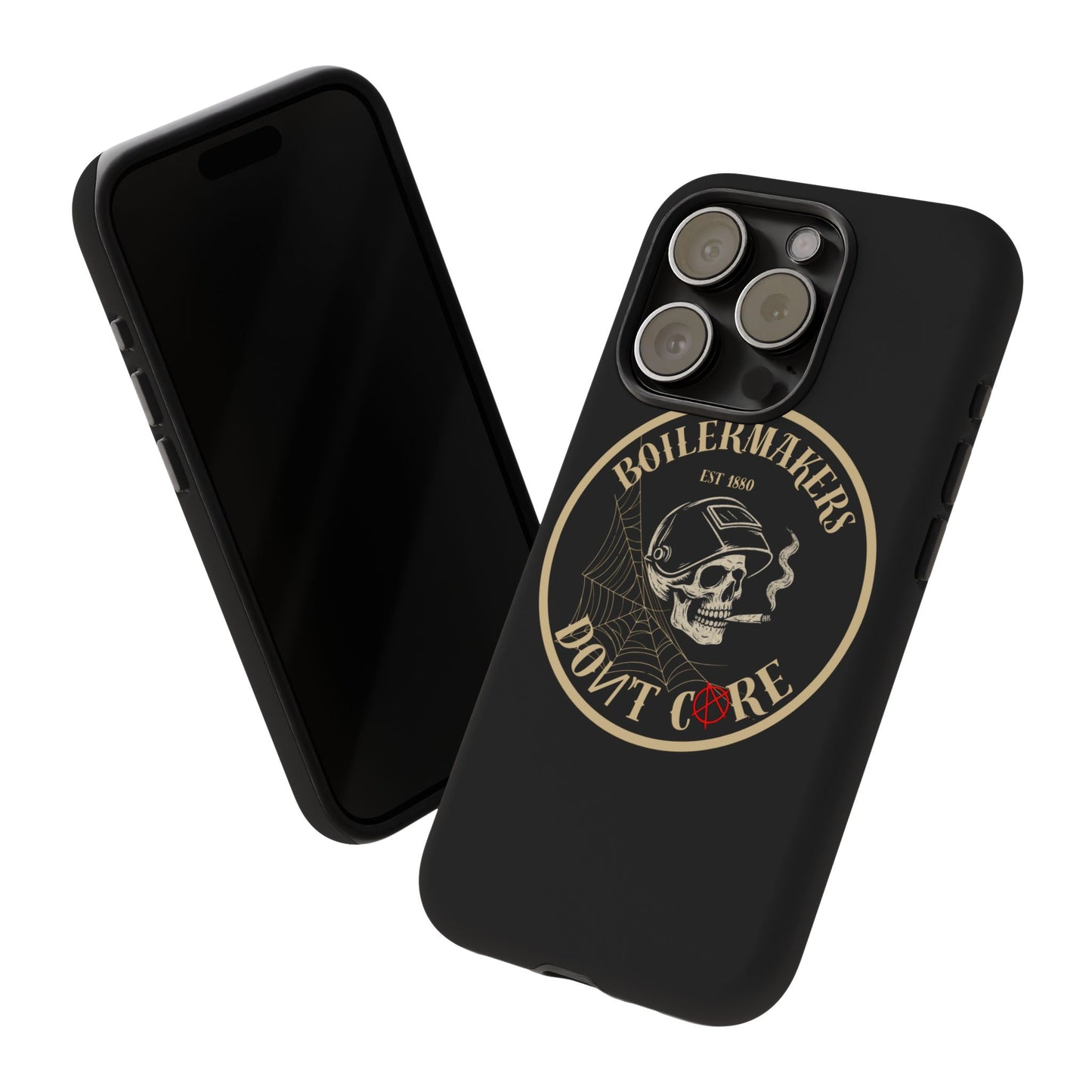 Boilermakers Don’t Care Phone Case — full-wrap skull design, drop-tested protection with attitude. Built tough for the hands that make the world work.
