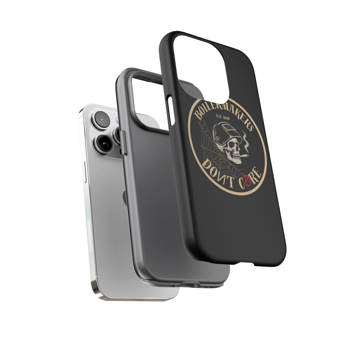 Boilermakers Don’t Care Phone Case — full-wrap skull design, drop-tested protection with attitude. Built tough for the hands that make the world work.