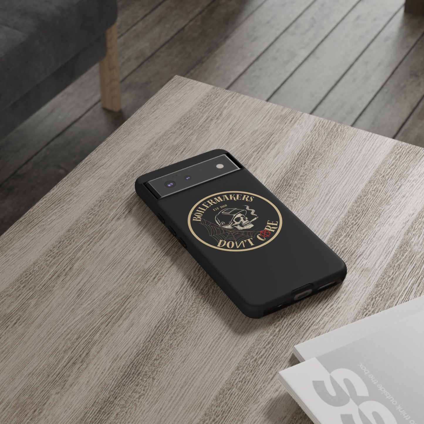 Boilermakers Don’t Care Phone Case — full-wrap skull design, drop-tested protection with attitude. Built tough for the hands that make the world work.