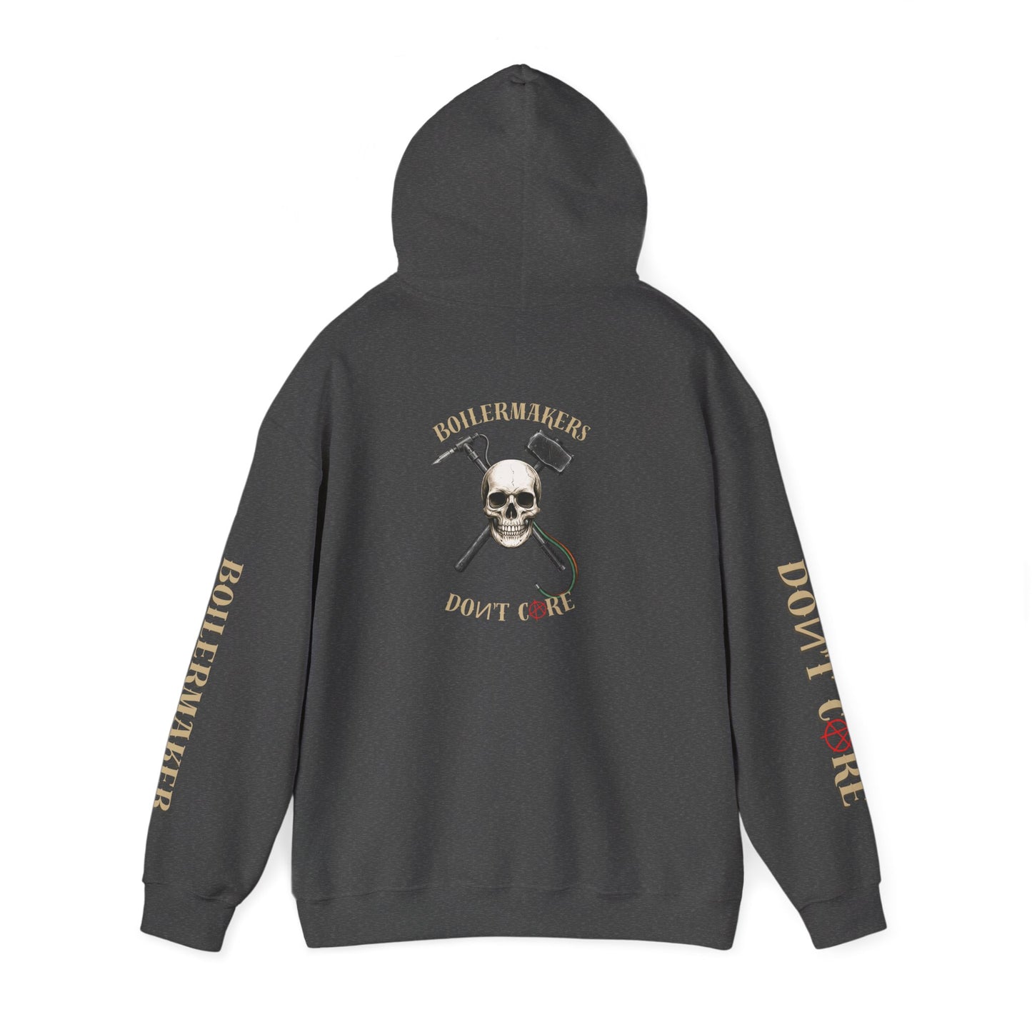 Skull “Boilermakers Don’t Care” Hoodie — full-back skull and hammer design, bold sleeve prints on both arms. The original Renn Don’t Care classic.