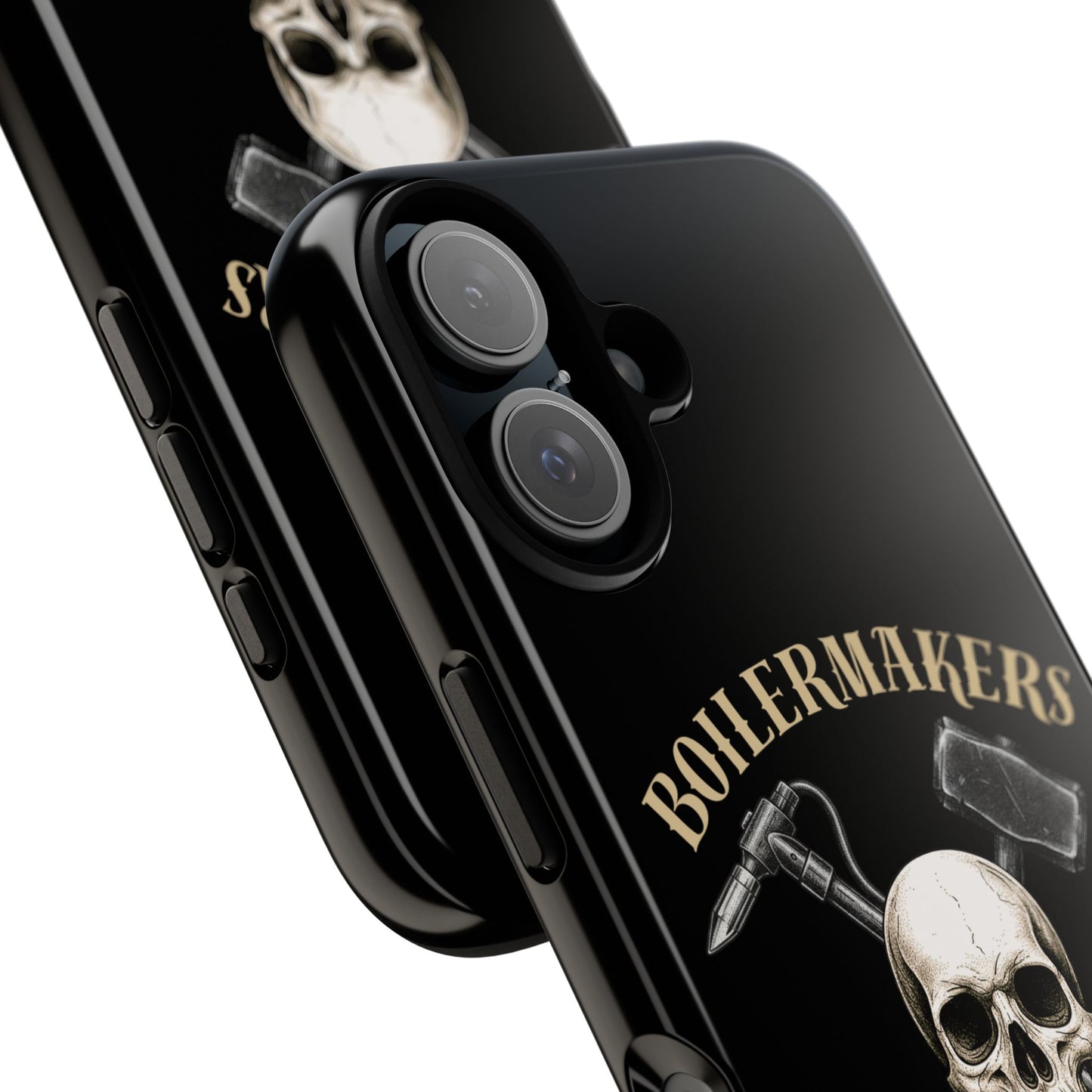 Boilermakers Don’t Care Tough Case — skull-and-hammer design, full-wrap protection built for the hard hands who keep the world running.