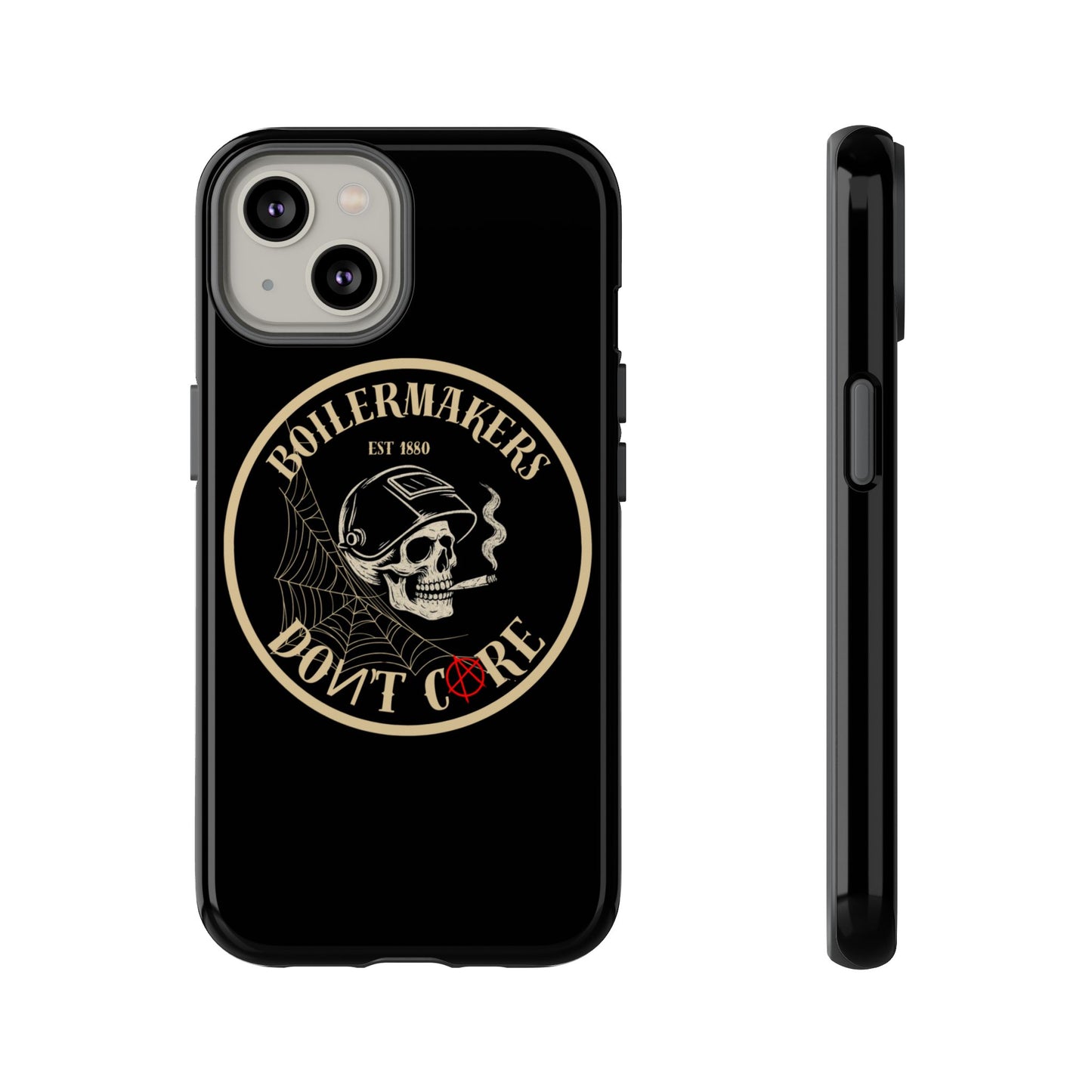 Boilermakers Don’t Care Phone Case — full-wrap skull design, drop-tested protection with attitude. Built tough for the hands that make the world work.