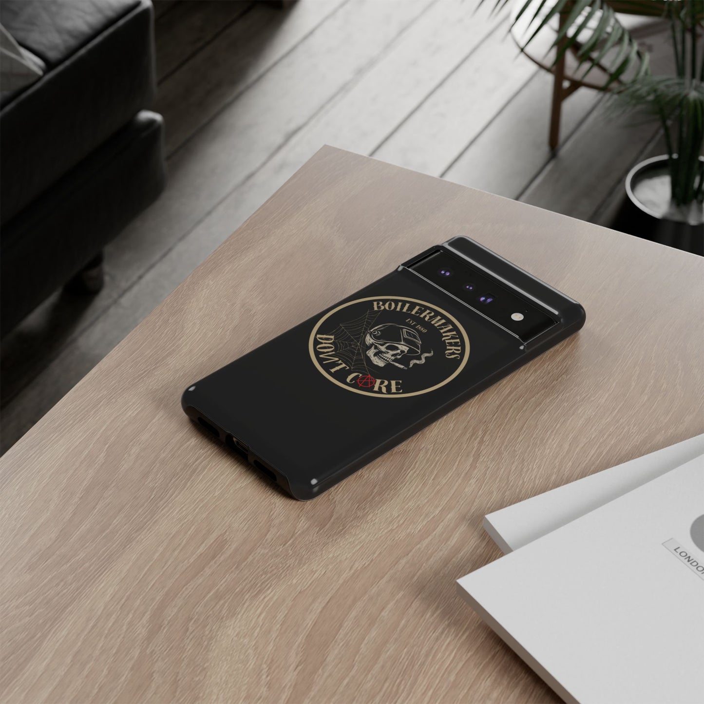 Boilermakers Don’t Care Phone Case — full-wrap skull design, drop-tested protection with attitude. Built tough for the hands that make the world work.