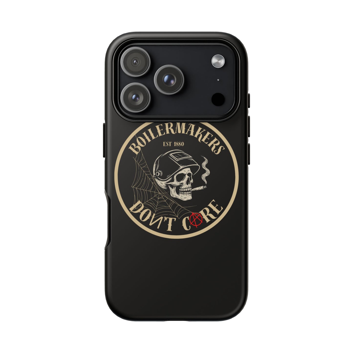 Boilermakers Don’t Care Phone Case — full-wrap skull design, drop-tested protection with attitude. Built tough for the hands that make the world work.