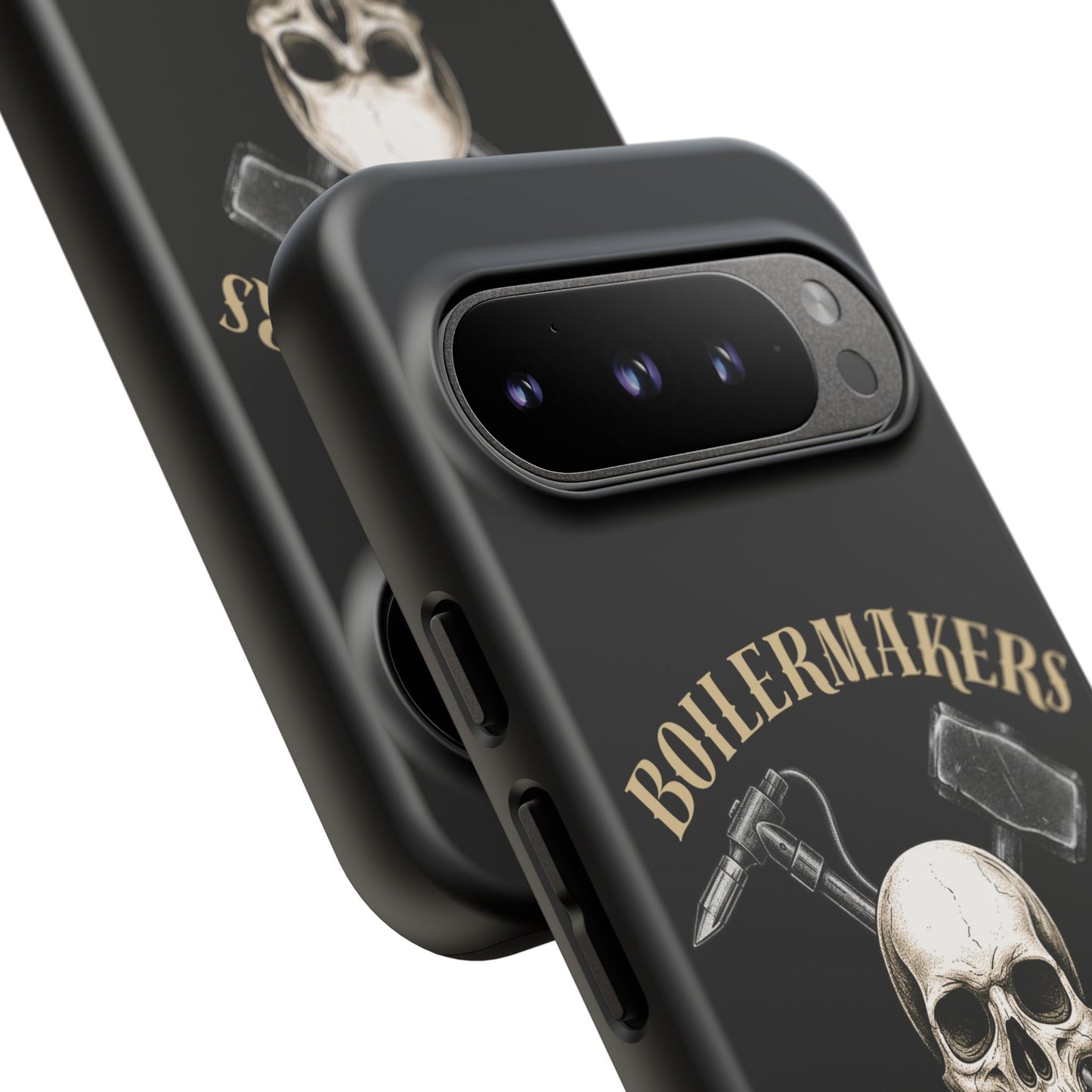 Boilermakers Don’t Care Tough Case — skull-and-hammer design, full-wrap protection built for the hard hands who keep the world running.