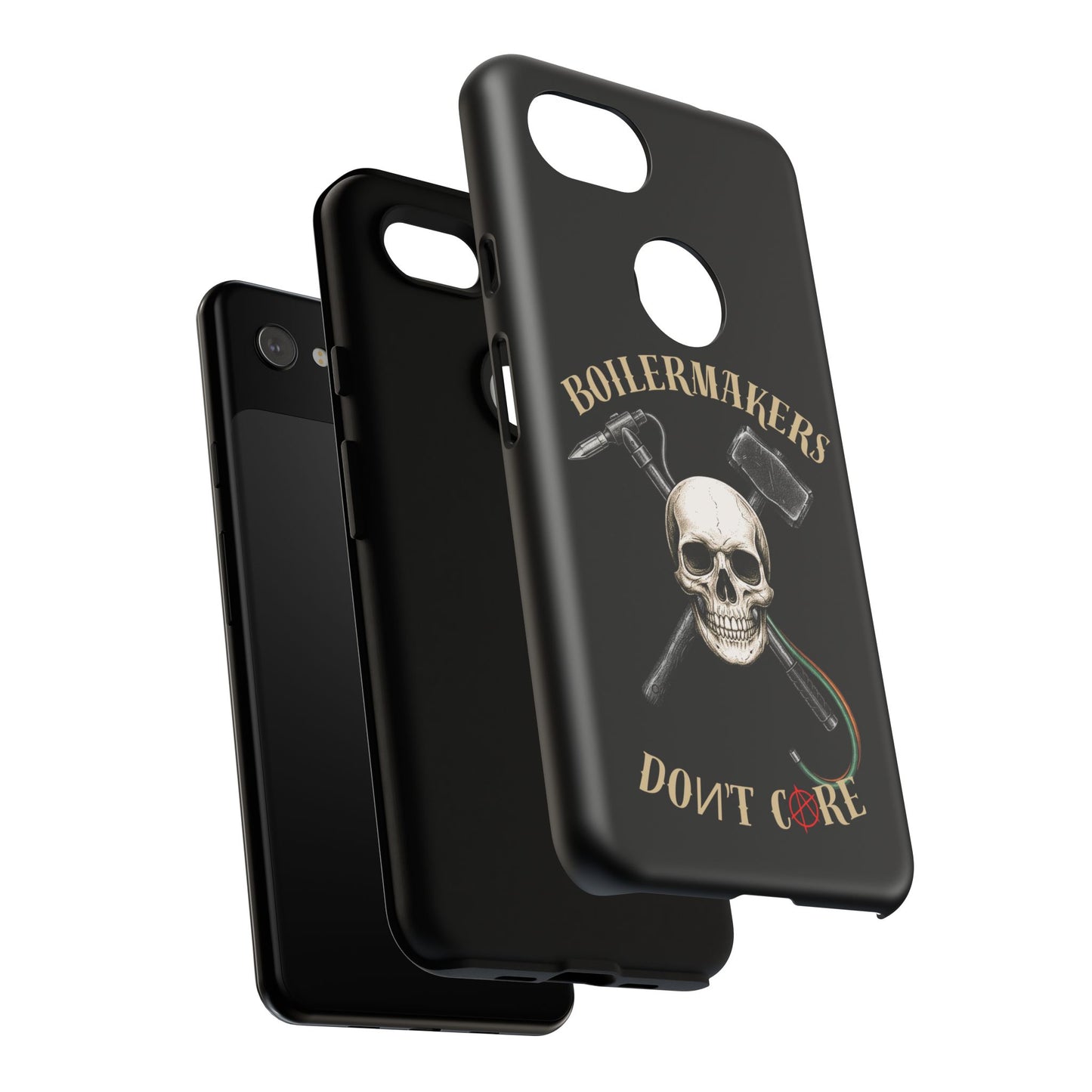 Boilermakers Don’t Care Tough Case — skull-and-hammer design, full-wrap protection built for the hard hands who keep the world running.