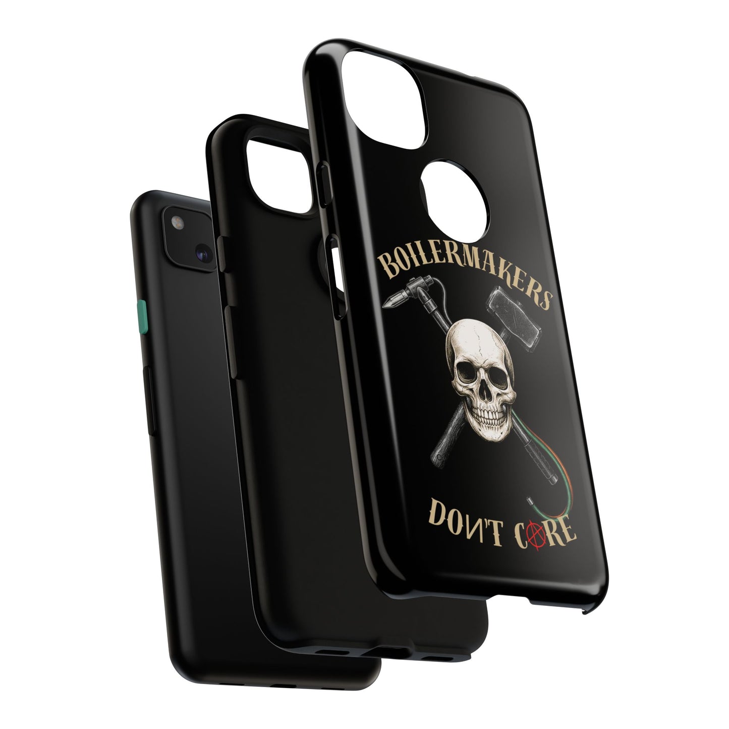 Boilermakers Don’t Care Tough Case — skull-and-hammer design, full-wrap protection built for the hard hands who keep the world running.