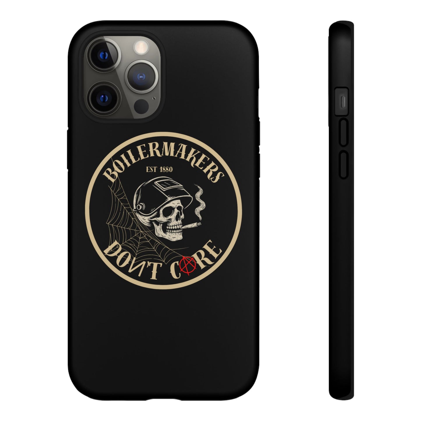 Boilermakers Don’t Care Phone Case — full-wrap skull design, drop-tested protection with attitude. Built tough for the hands that make the world work.