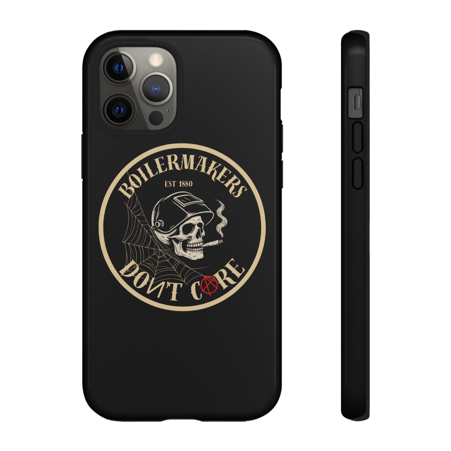 Boilermakers Don’t Care Phone Case — full-wrap skull design, drop-tested protection with attitude. Built tough for the hands that make the world work.