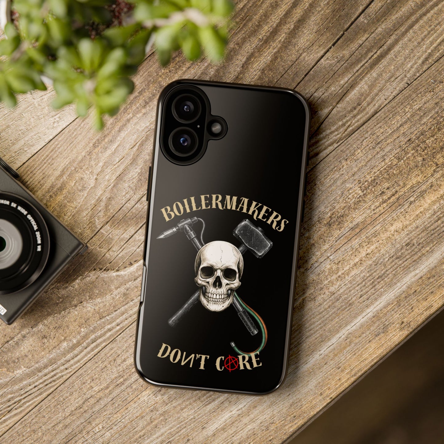 Boilermakers Don’t Care Tough Case — skull-and-hammer design, full-wrap protection built for the hard hands who keep the world running.