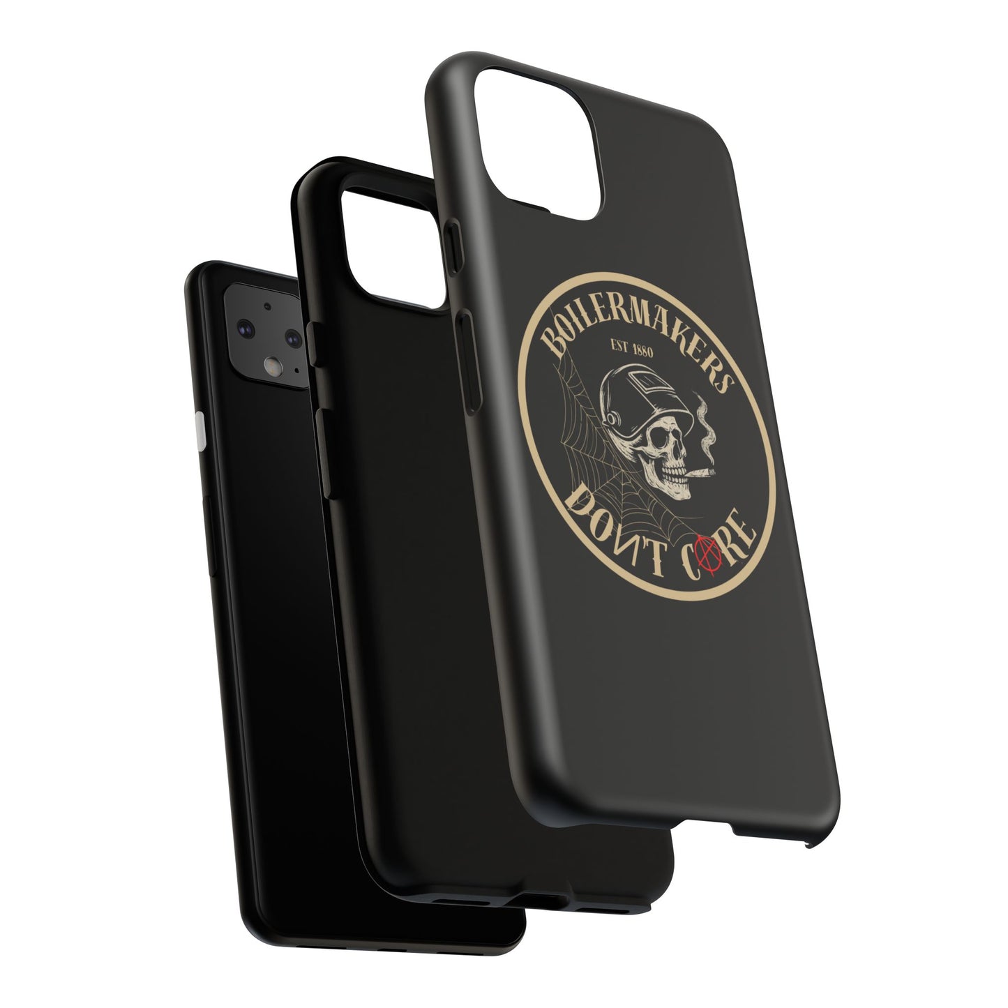 Boilermakers Don’t Care Phone Case — full-wrap skull design, drop-tested protection with attitude. Built tough for the hands that make the world work.