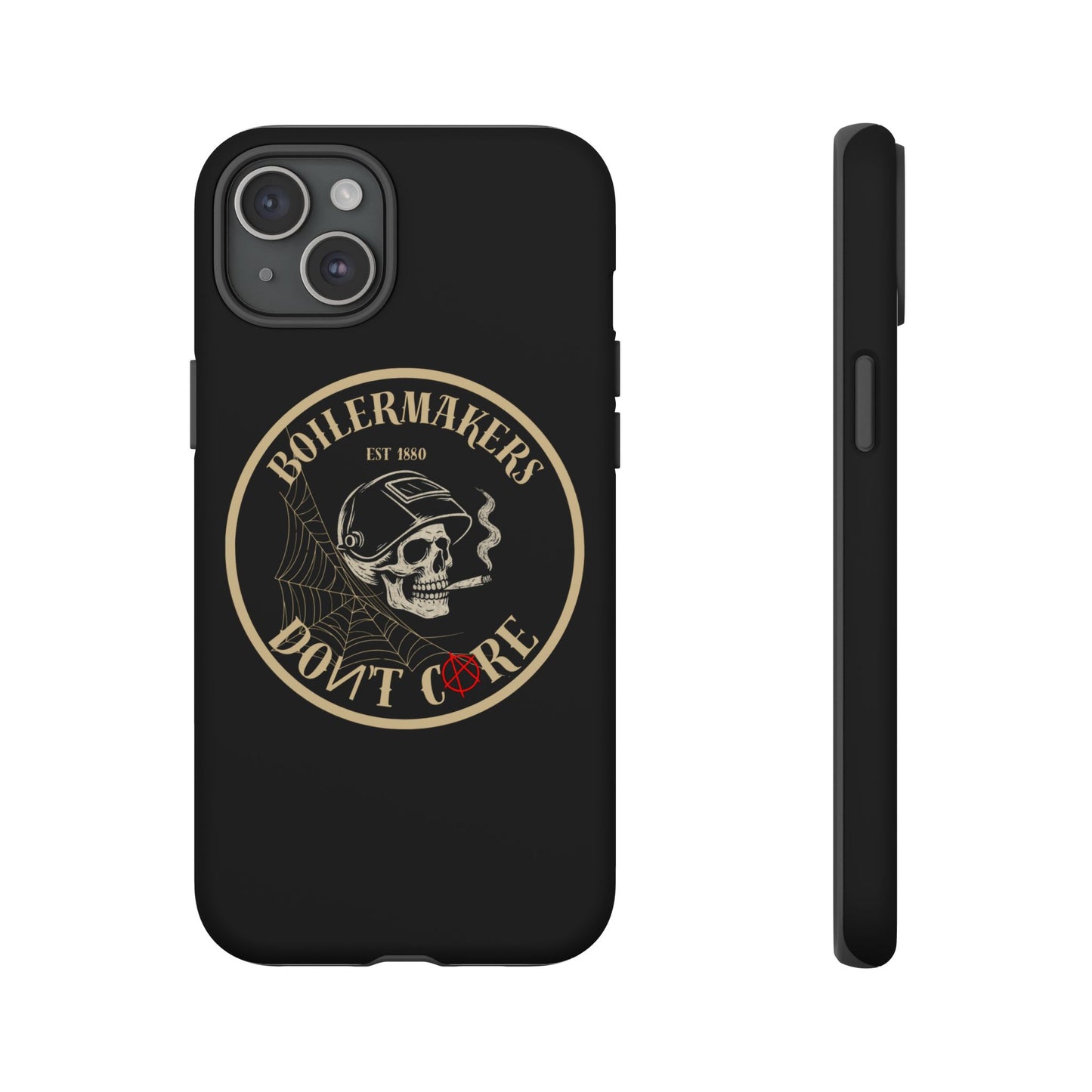 Boilermakers Don’t Care Phone Case — full-wrap skull design, drop-tested protection with attitude. Built tough for the hands that make the world work.
