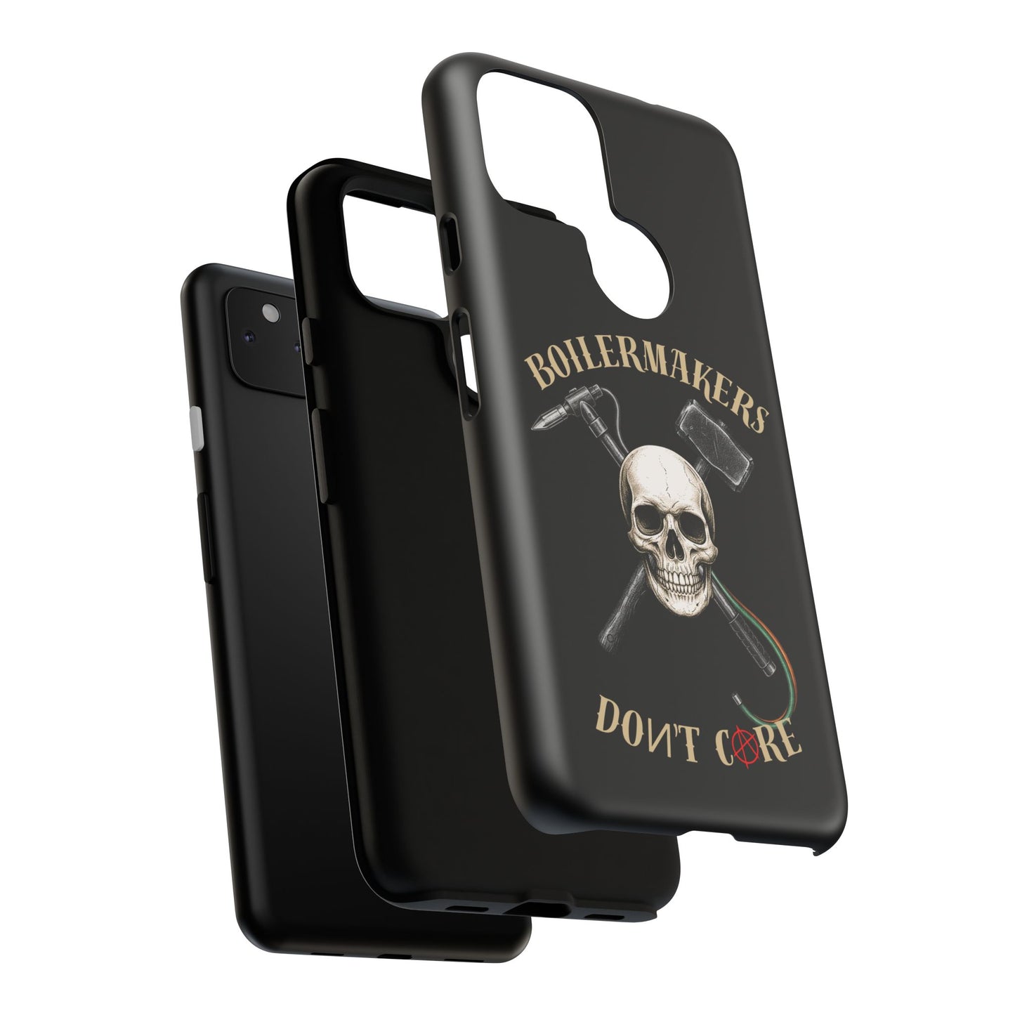 Boilermakers Don’t Care Tough Case — skull-and-hammer design, full-wrap protection built for the hard hands who keep the world running.
