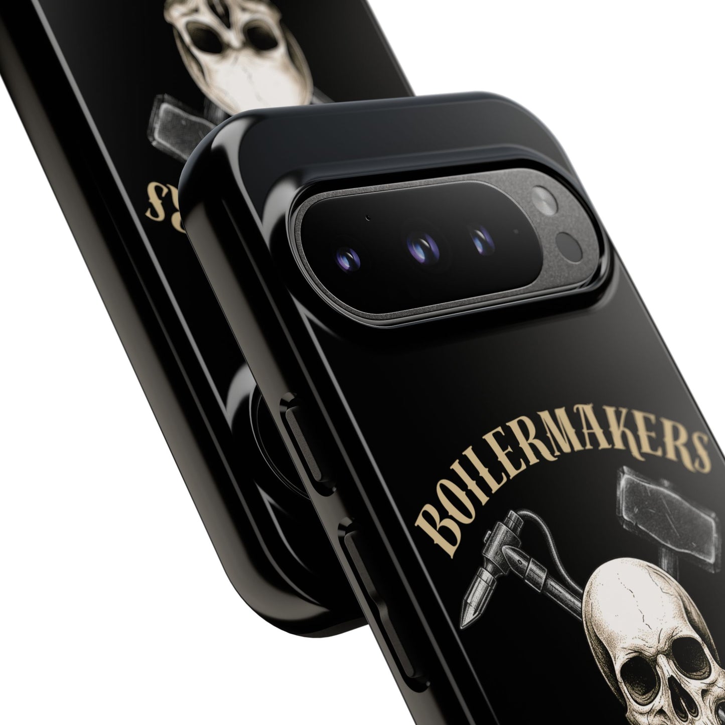 Boilermakers Don’t Care Tough Case — skull-and-hammer design, full-wrap protection built for the hard hands who keep the world running.