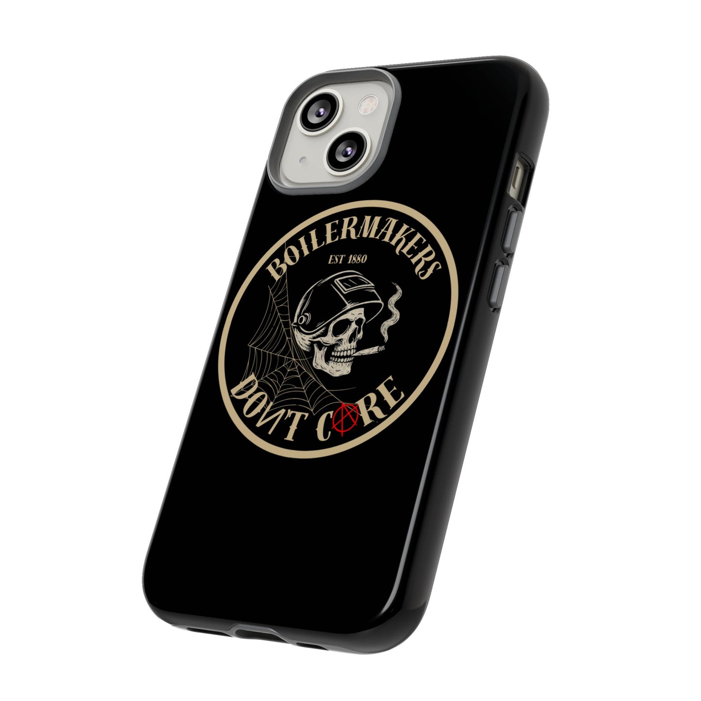 Boilermakers Don’t Care Phone Case — full-wrap skull design, drop-tested protection with attitude. Built tough for the hands that make the world work.