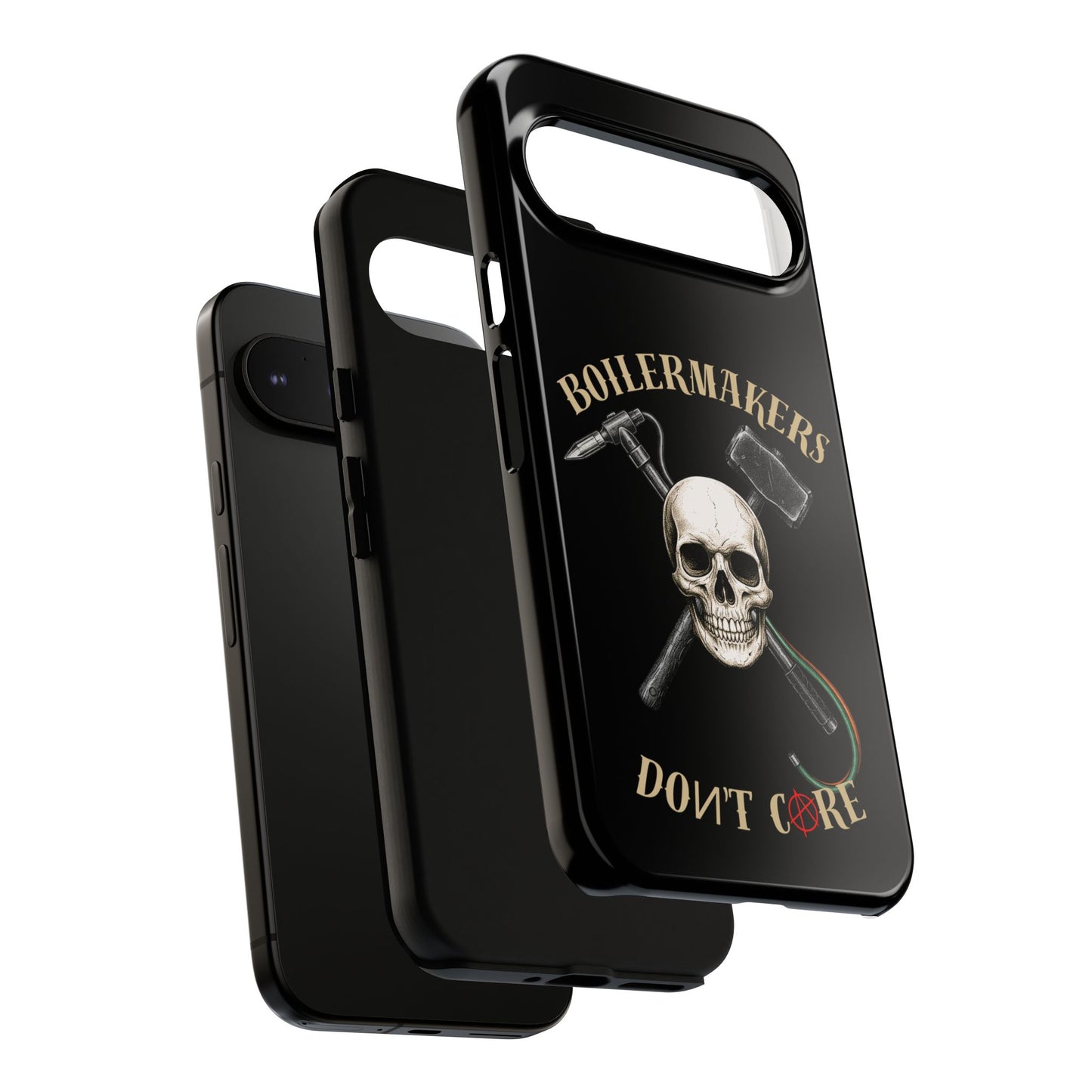 Boilermakers Don’t Care Tough Case — skull-and-hammer design, full-wrap protection built for the hard hands who keep the world running.