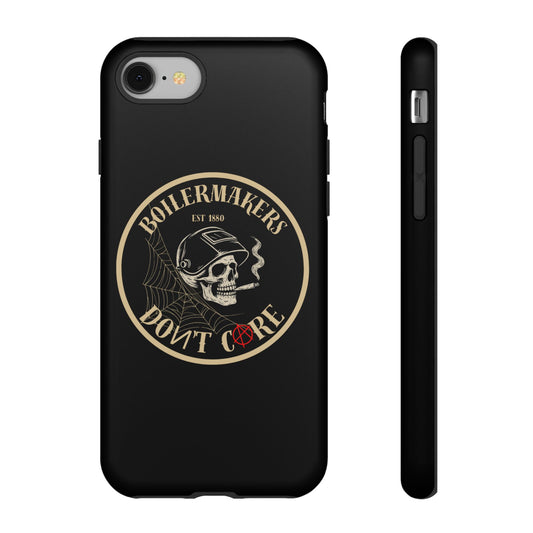 Boilermakers Don’t Care Phone Case — full-wrap skull design, drop-tested protection with attitude. Built tough for the hands that make the world work.