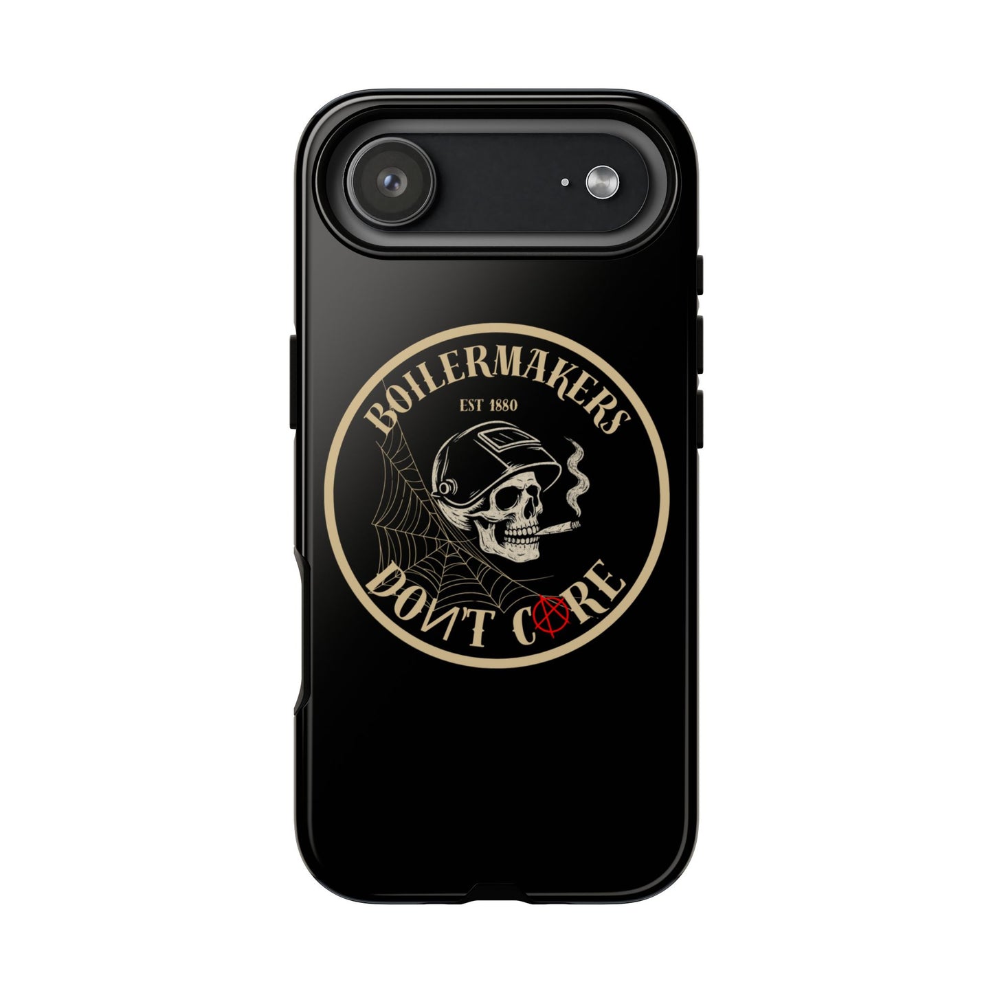 Boilermakers Don’t Care Phone Case — full-wrap skull design, drop-tested protection with attitude. Built tough for the hands that make the world work.