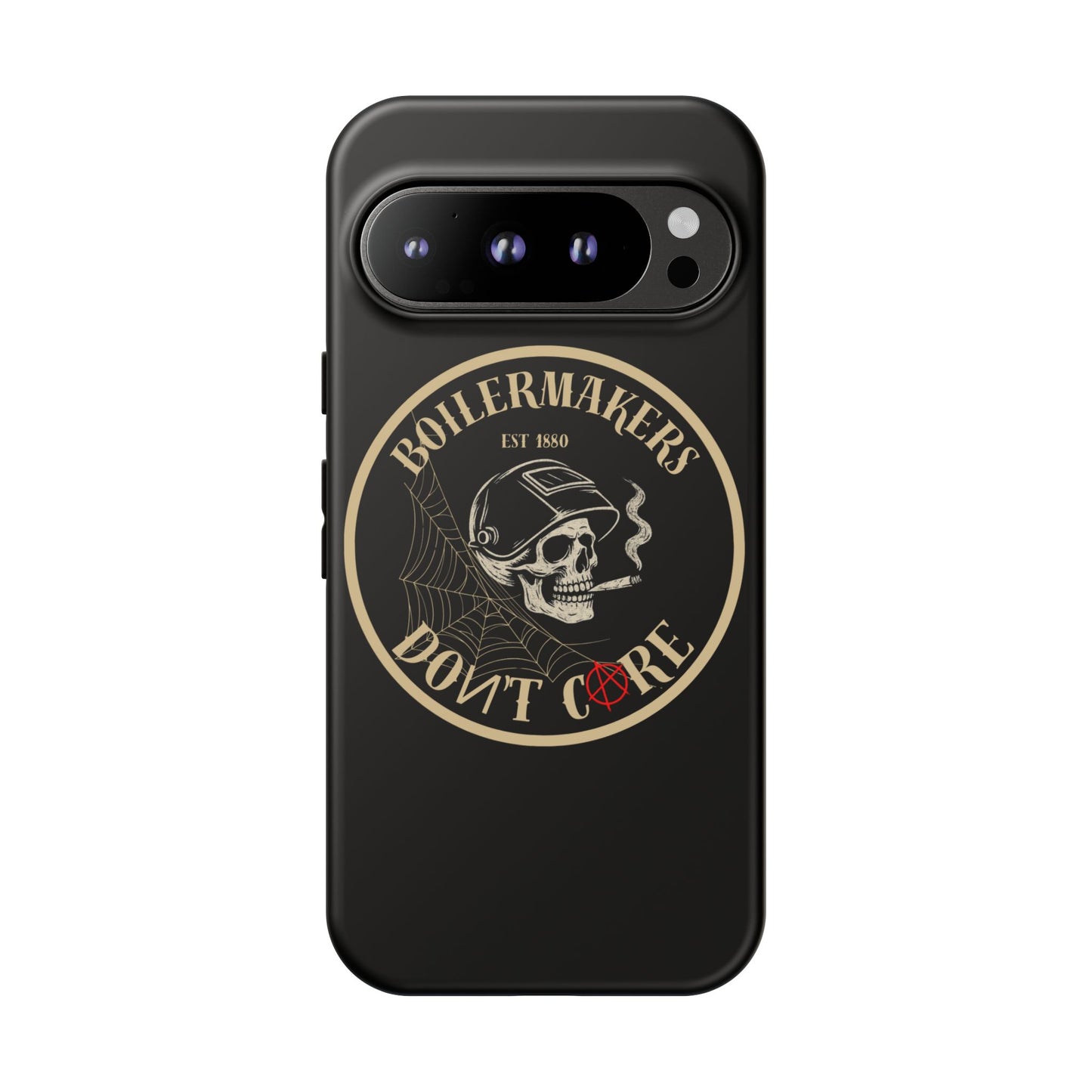 Boilermakers Don’t Care Phone Case — full-wrap skull design, drop-tested protection with attitude. Built tough for the hands that make the world work.