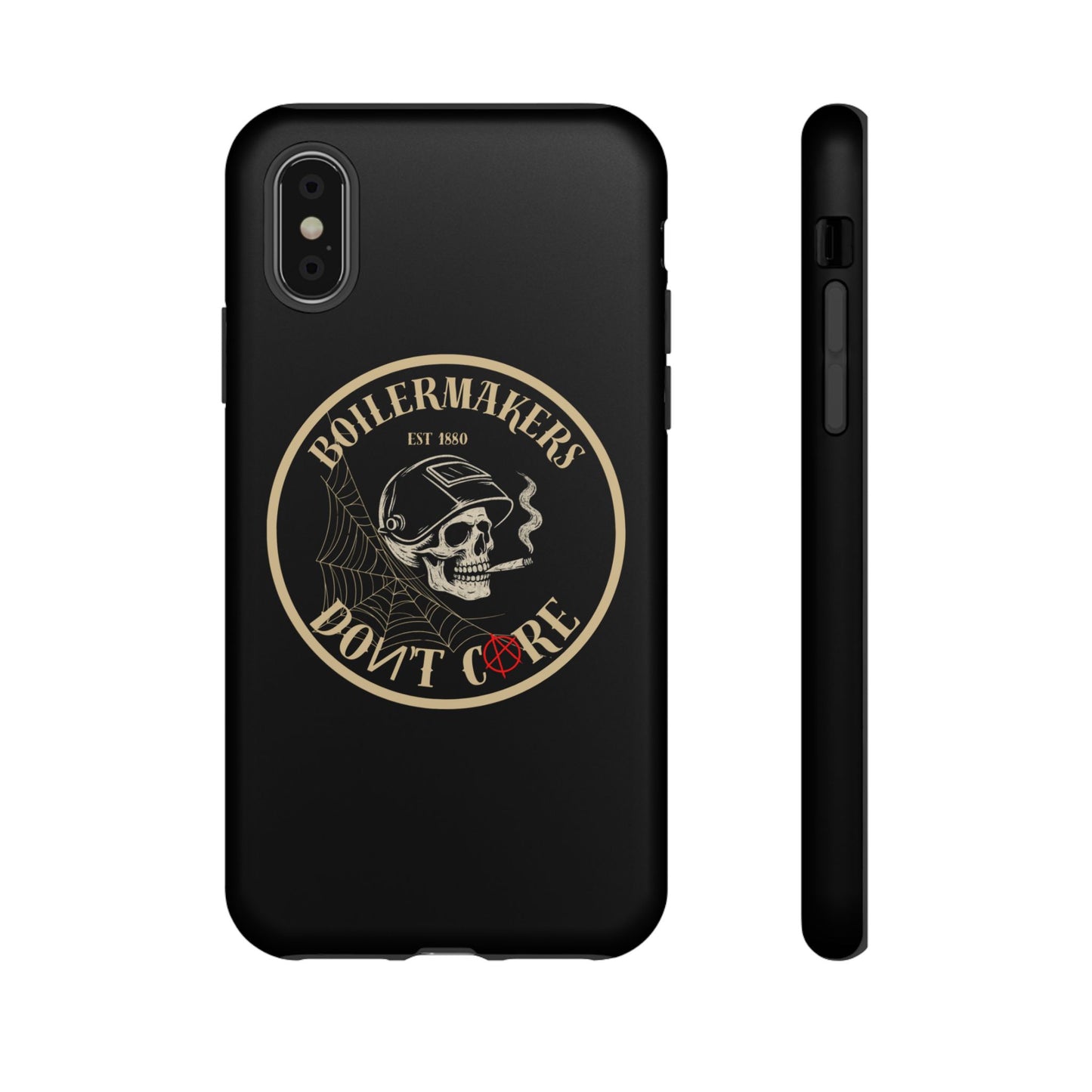 Boilermakers Don’t Care Phone Case — full-wrap skull design, drop-tested protection with attitude. Built tough for the hands that make the world work.