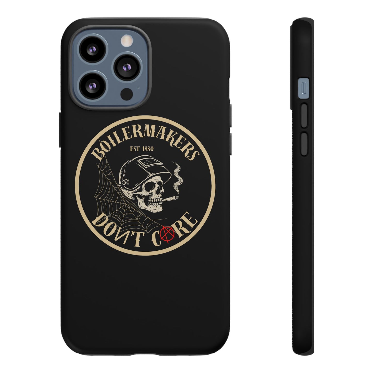 Boilermakers Don’t Care Phone Case — full-wrap skull design, drop-tested protection with attitude. Built tough for the hands that make the world work.