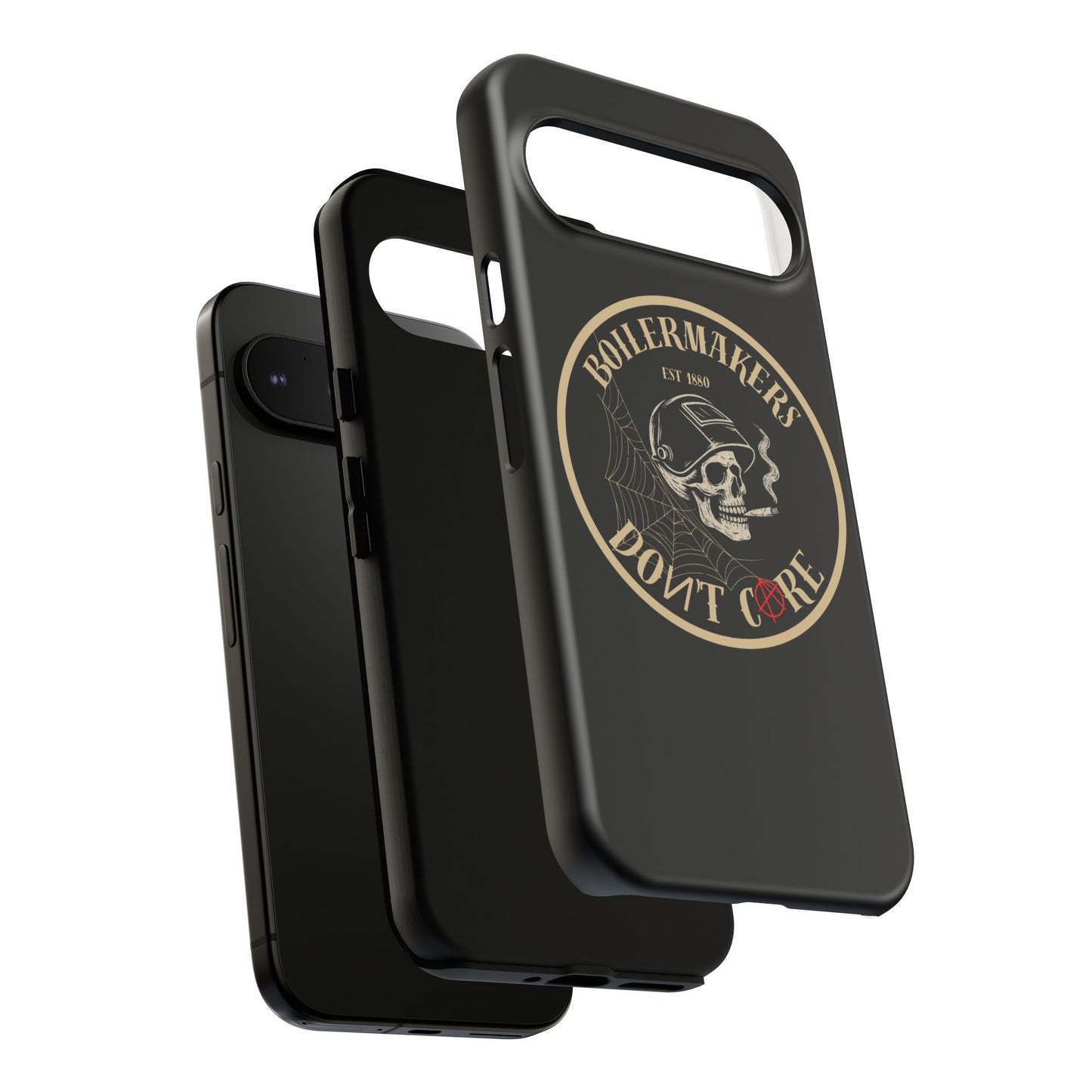 Boilermakers Don’t Care Phone Case — full-wrap skull design, drop-tested protection with attitude. Built tough for the hands that make the world work.