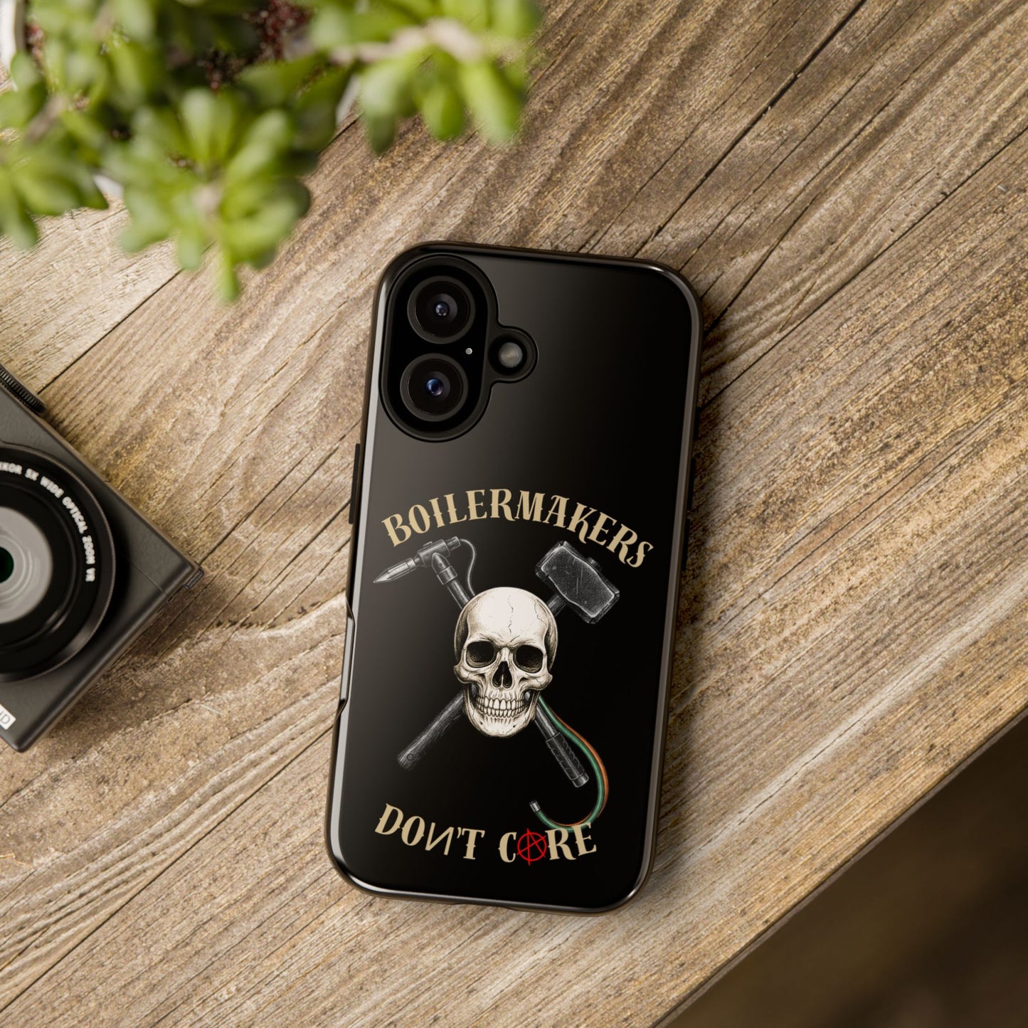 Boilermakers Don’t Care Tough Case — skull-and-hammer design, full-wrap protection built for the hard hands who keep the world running.