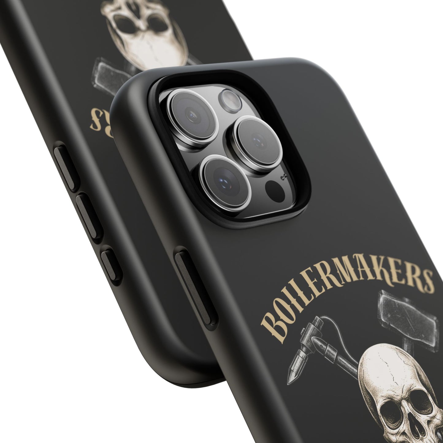 Boilermakers Don’t Care Tough Case — skull-and-hammer design, full-wrap protection built for the hard hands who keep the world running.