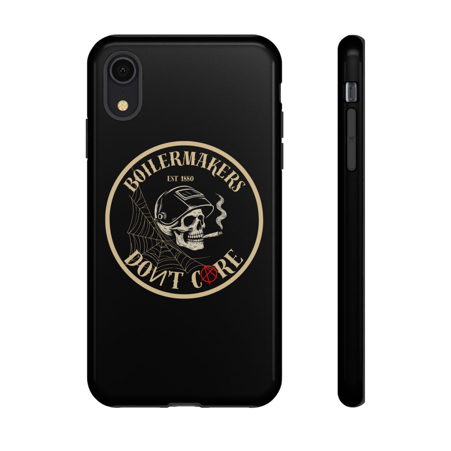 Boilermakers Don’t Care Phone Case — full-wrap skull design, drop-tested protection with attitude. Built tough for the hands that make the world work.