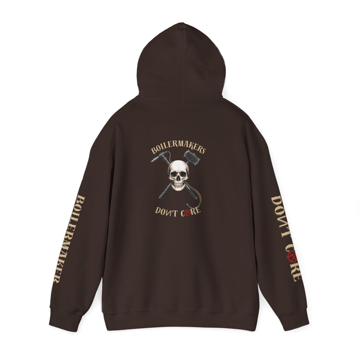 Skull “Boilermakers Don’t Care” Hoodie — full-back skull and hammer design, bold sleeve prints on both arms. The original Renn Don’t Care classic.
