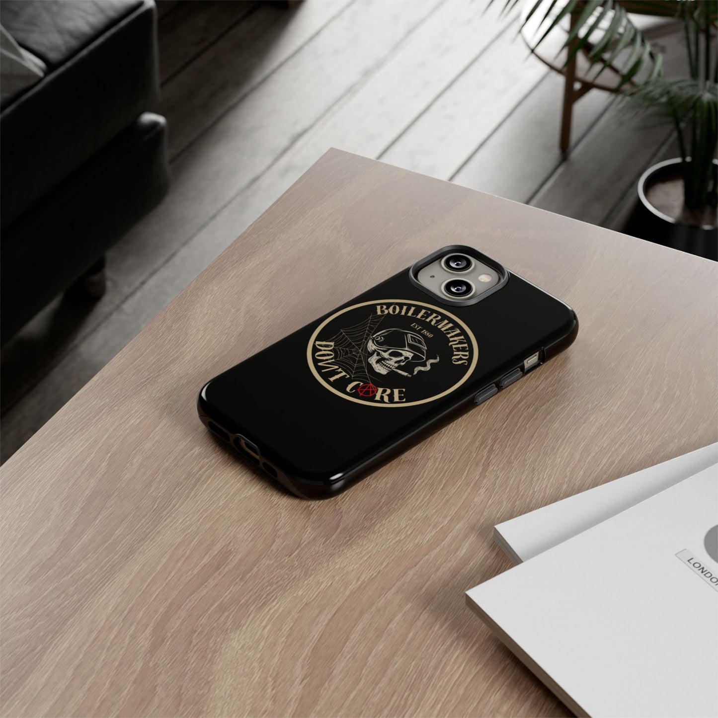 Boilermakers Don’t Care Phone Case — full-wrap skull design, drop-tested protection with attitude. Built tough for the hands that make the world work.
