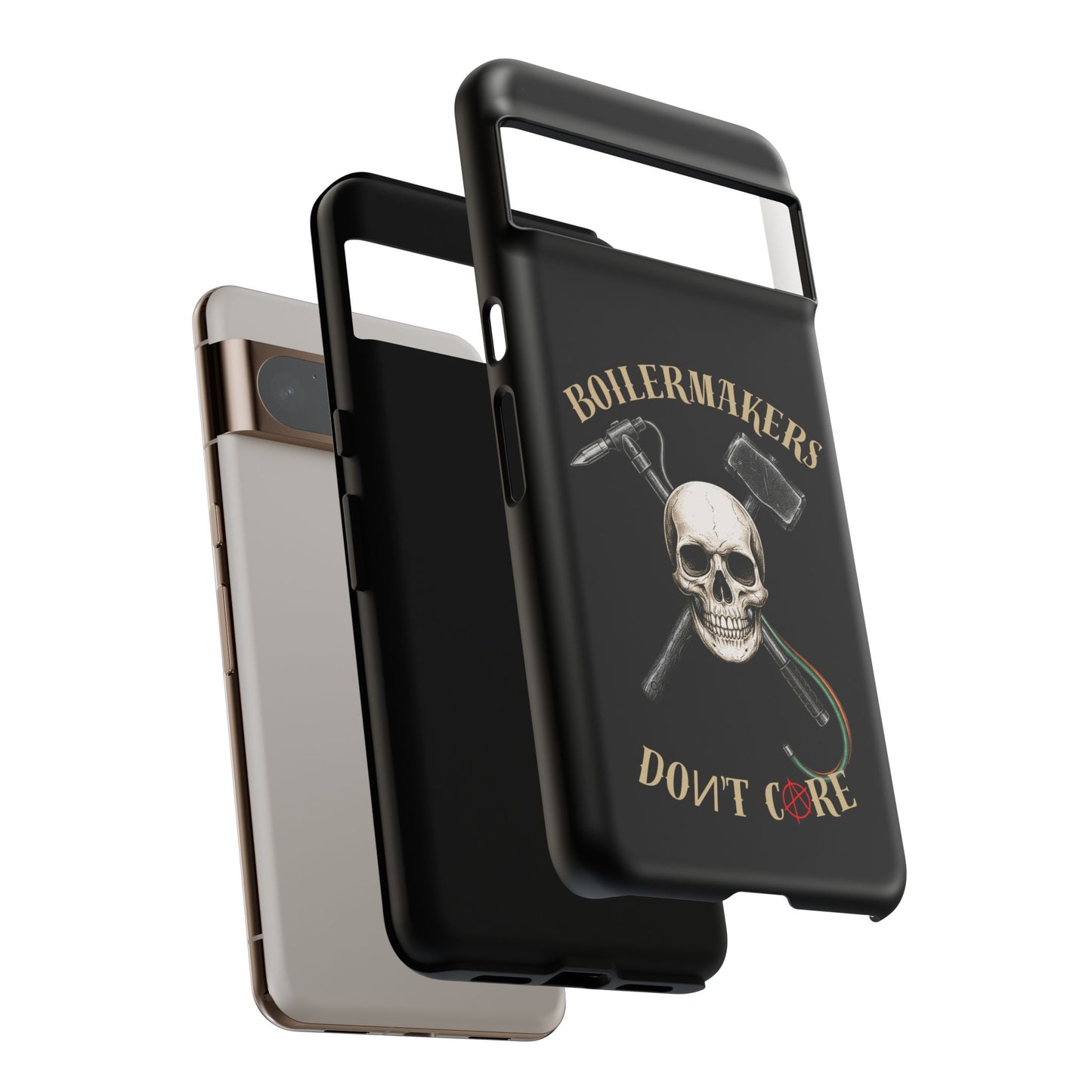 Boilermakers Don’t Care Tough Case — skull-and-hammer design, full-wrap protection built for the hard hands who keep the world running.