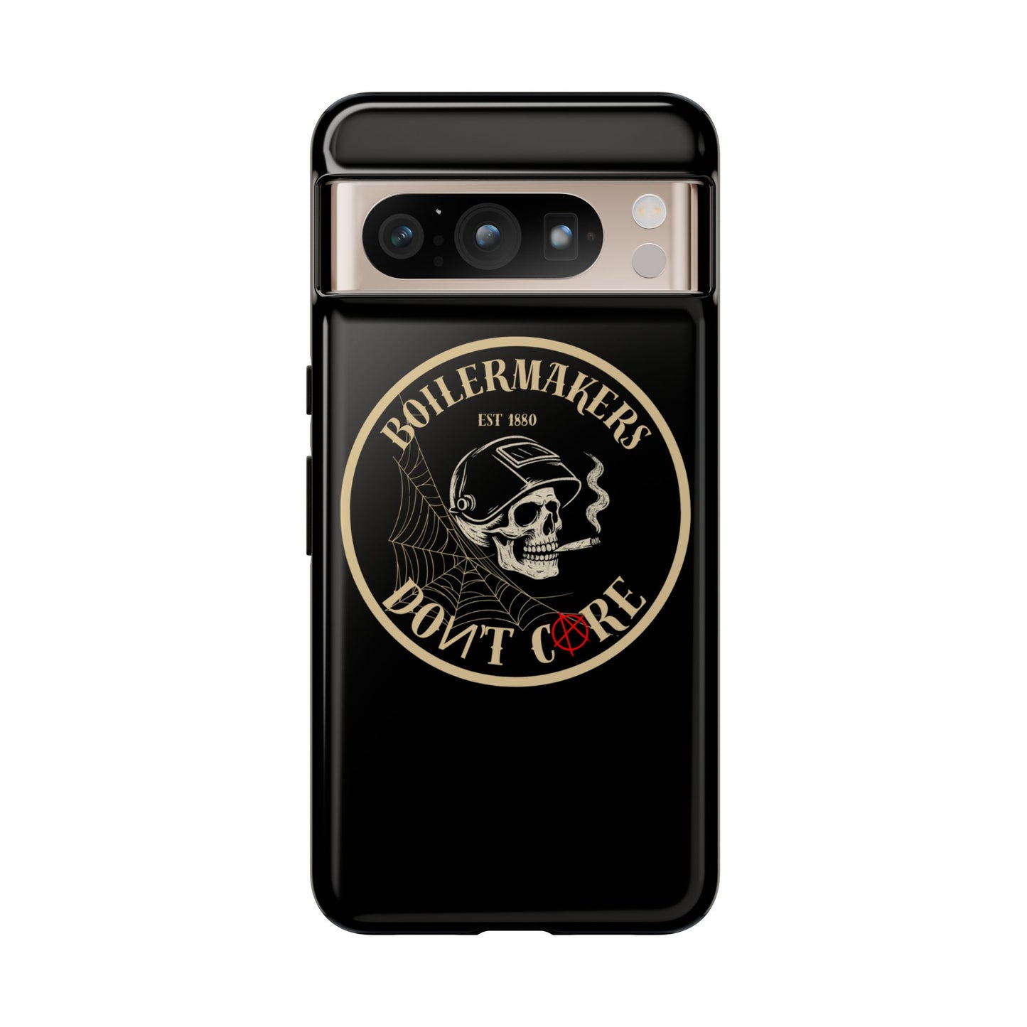 Boilermakers Don’t Care Phone Case — full-wrap skull design, drop-tested protection with attitude. Built tough for the hands that make the world work.