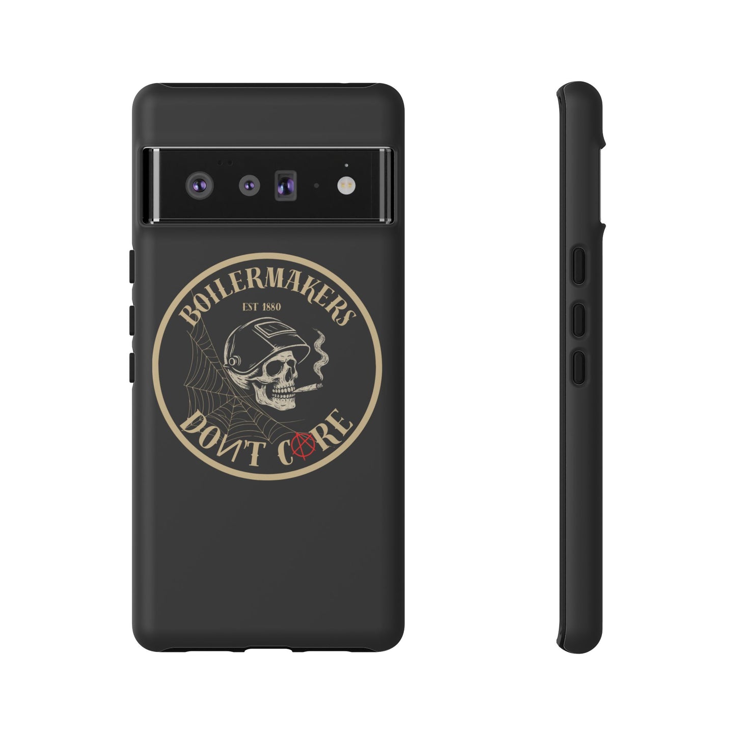 Boilermakers Don’t Care Phone Case — full-wrap skull design, drop-tested protection with attitude. Built tough for the hands that make the world work.