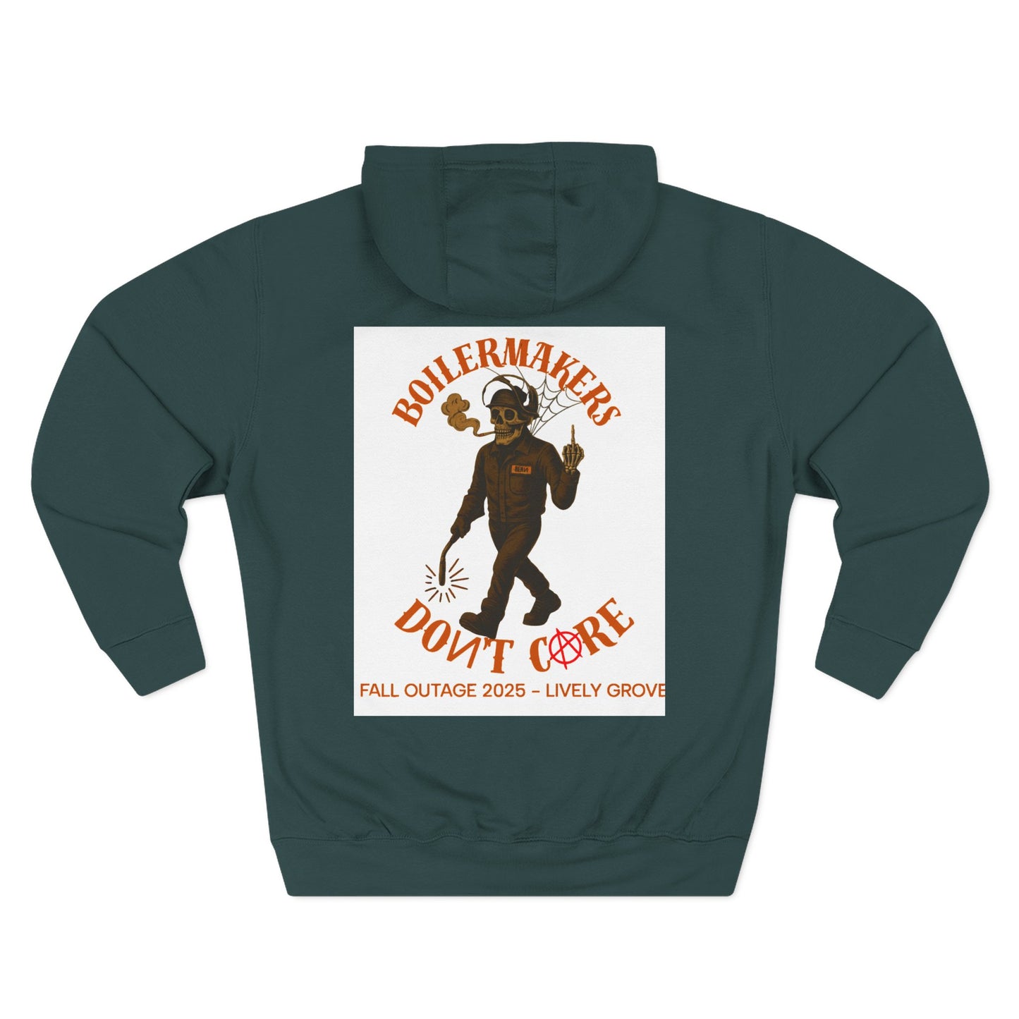 Boilermakers Don’t Care Hoodie — Skull & Hammer Edition. Heavy fleece, jobsite-tough comfort, and bold trade pride. Pair it with the matching sweatpants for the full set.